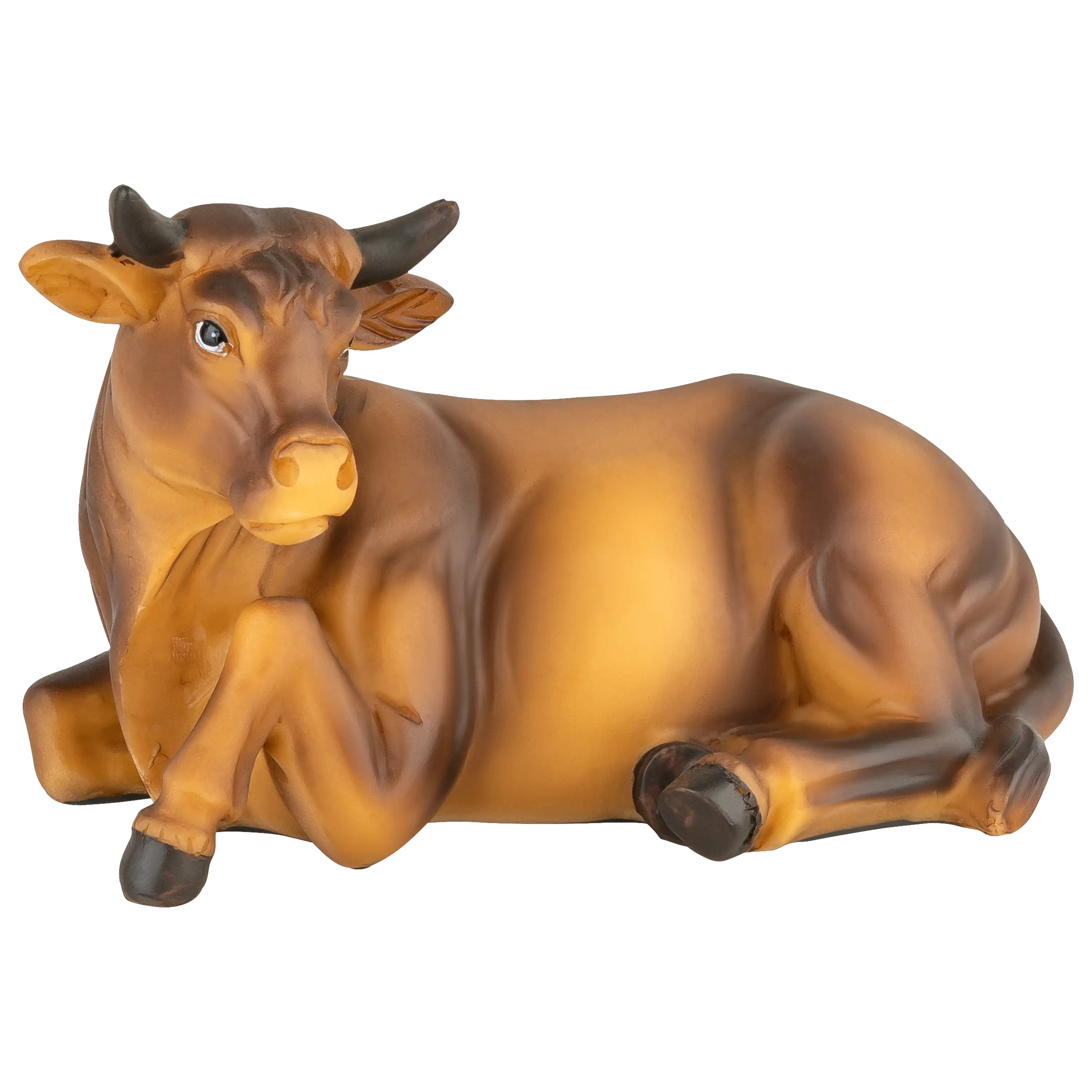Eine liegende, braune Ochsenfigur aus Holz für die Krippe, ideal für professionelle Produktfotos von PRO-ducto.