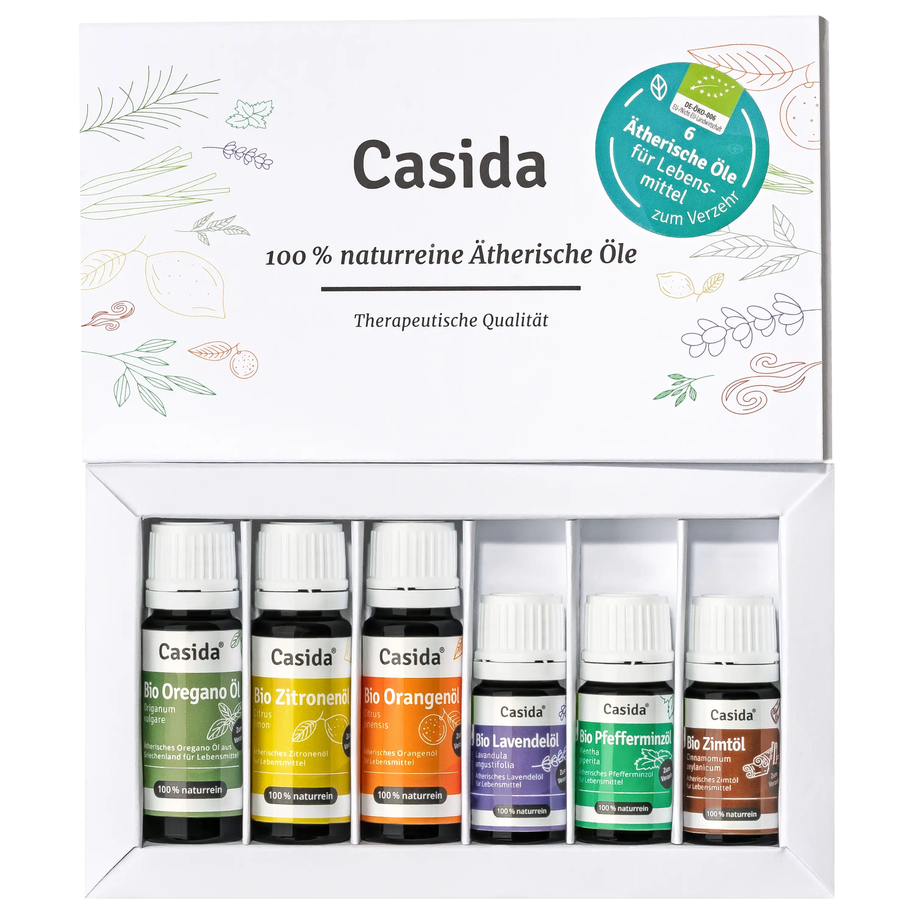 Casida Set mit sechs naturreinen ätherischen Ölen in einer weißen Box für professionelle Produktfotos präsentiert.