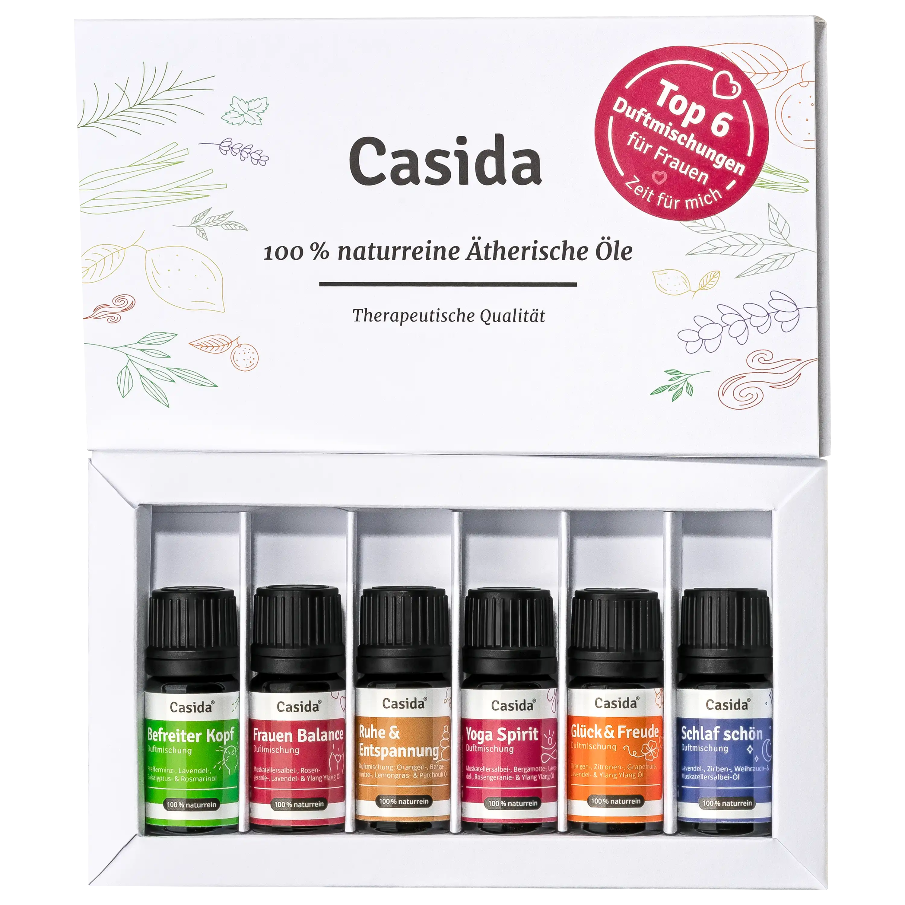 Casida Set mit sechs ätherischen Ölen in professioneller Produktfotografie für hochwertige Produktbilder.