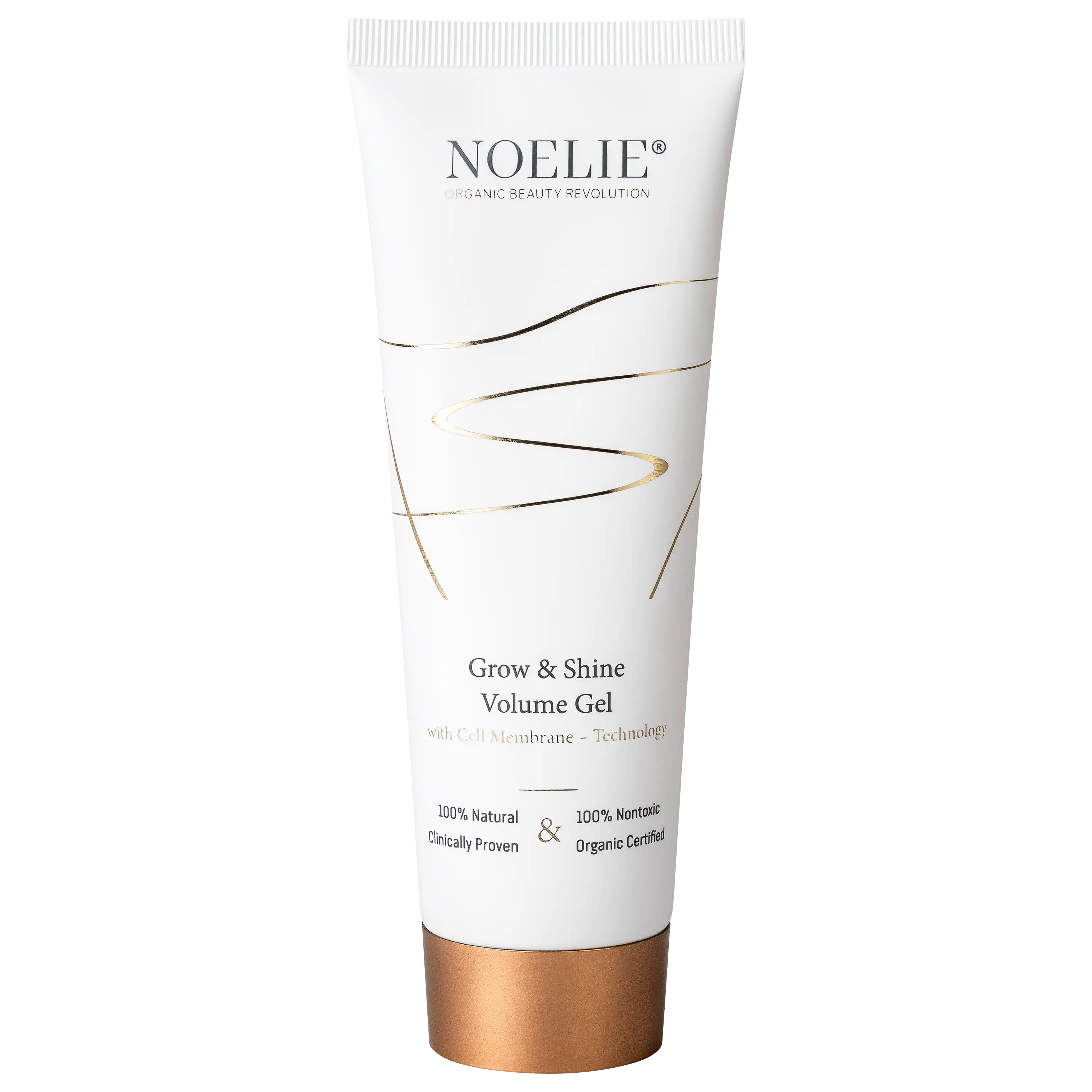 Weiße Tube NOELIE Grow & Shine Volume Gel für professionelle Produktfotos von der PRO-ducto GmbH in Szene gesetzt.