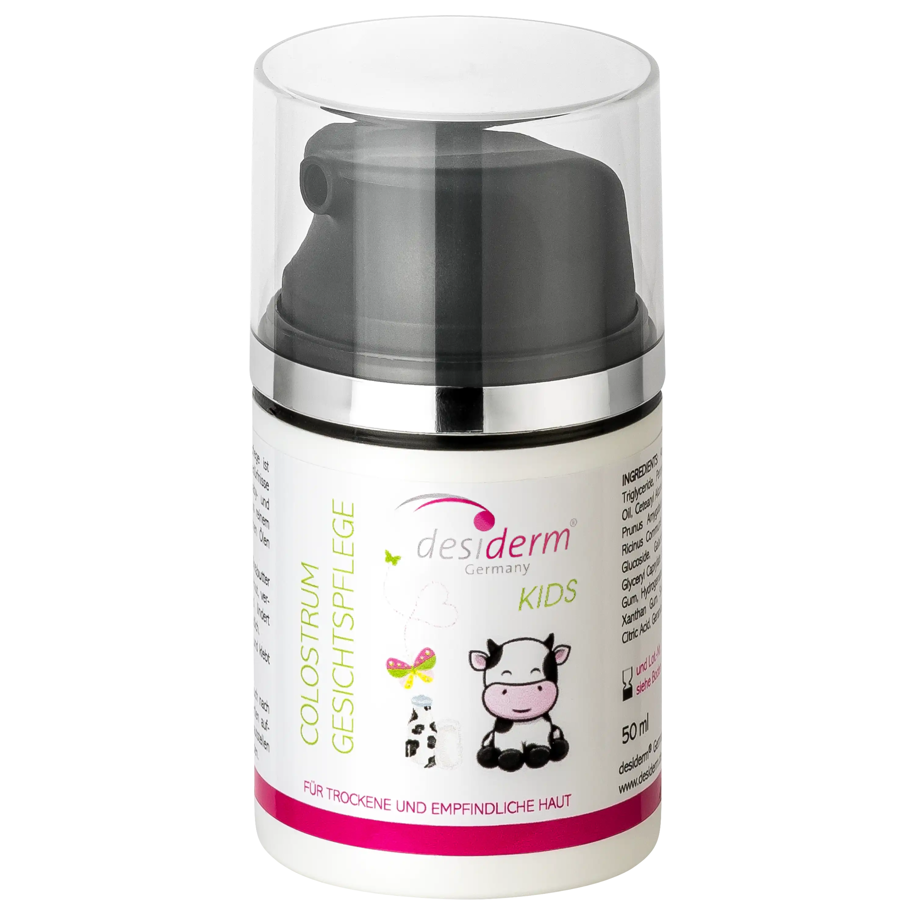 Professionelle Produktfotos von PRO-ducto GmbH: Desiderm Kids Colostrum Gesichtspflege in einem 50ml Pumpspender.
