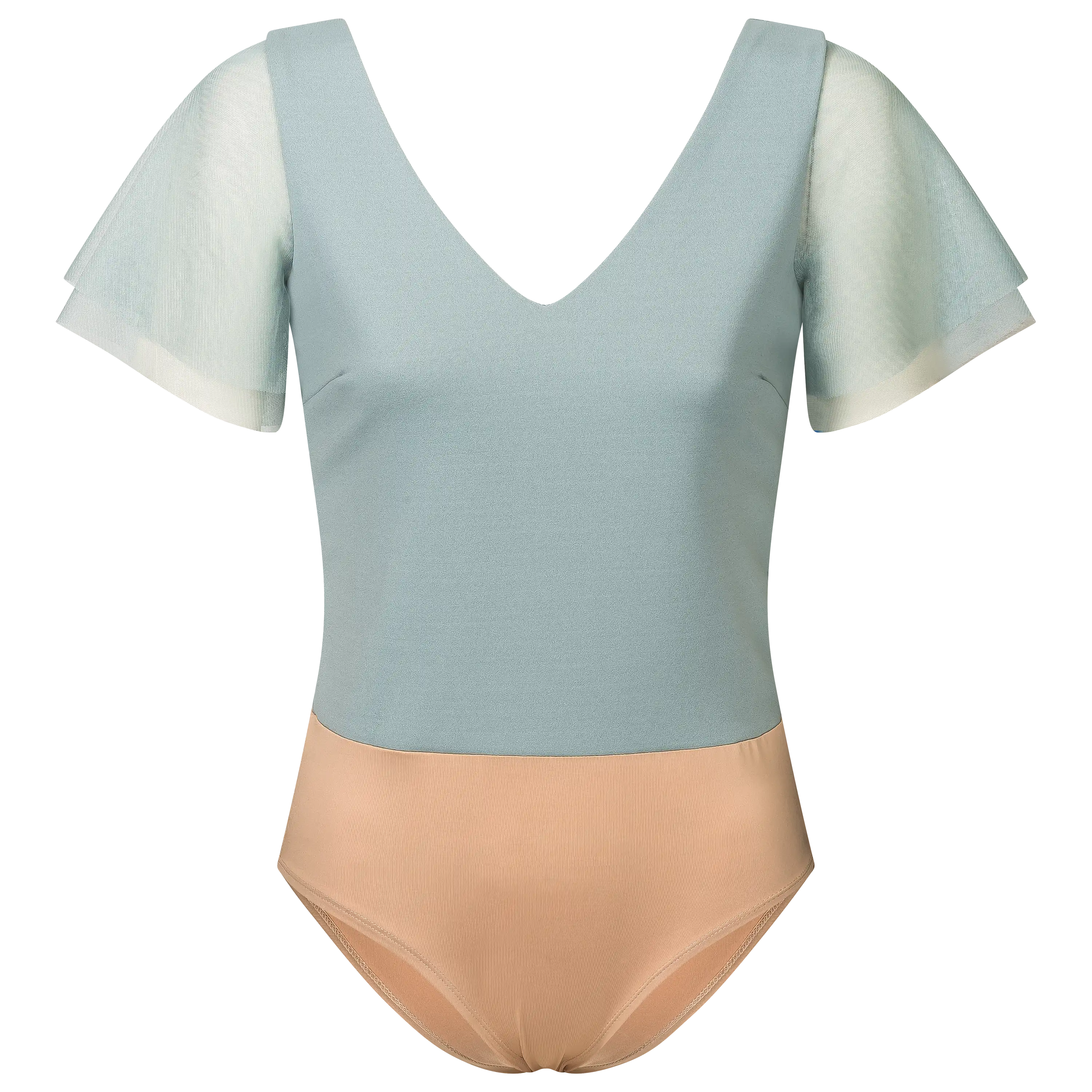 Professionelle Produktfotografie eines hellblauen Bodys mit transparenten Ärmeln für die Textilfotografie.