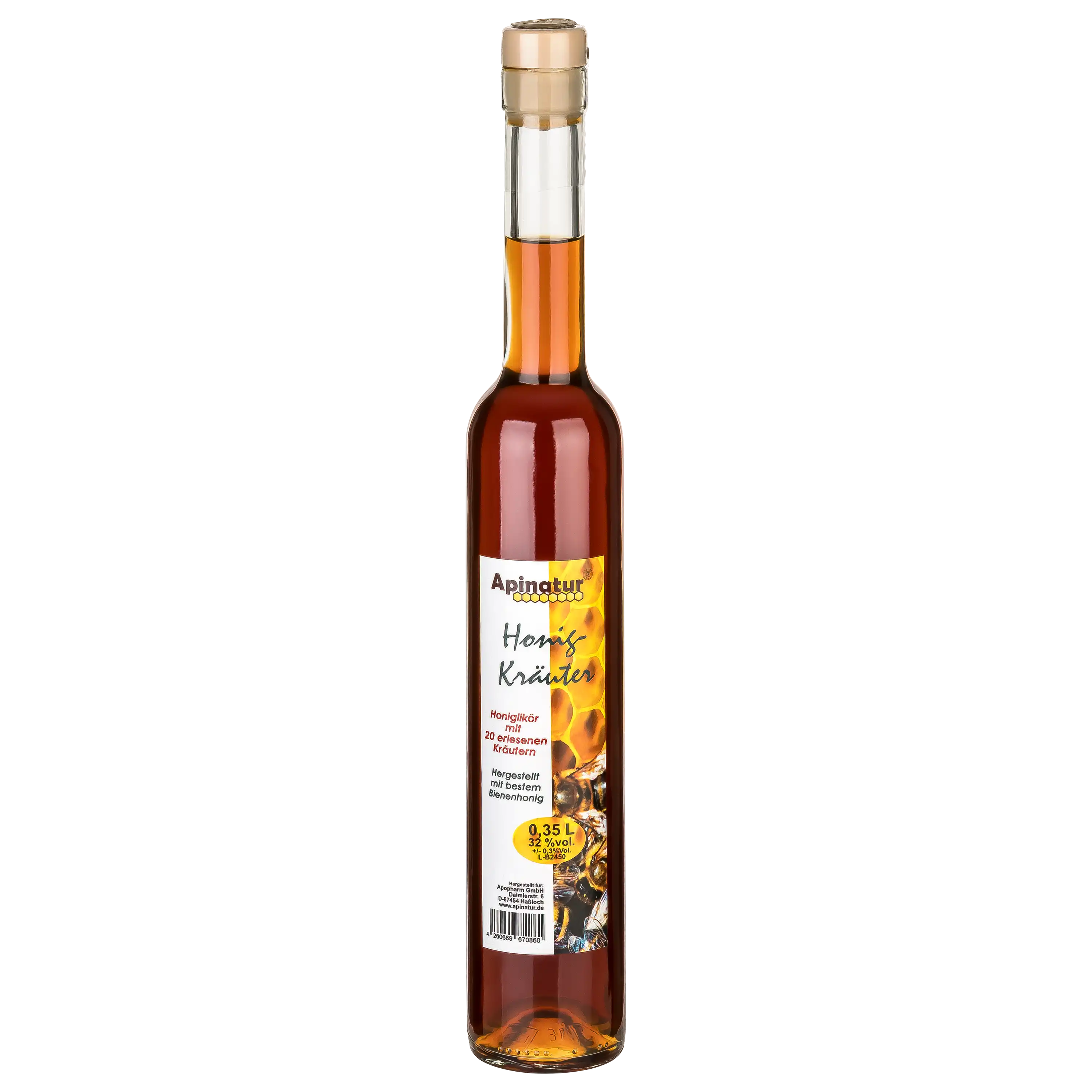 Eine schlanke Glasflasche mit Apinatur Honig-Kräuter-Likör vor schwarzem Hintergrund für professionelle Produktfotos.