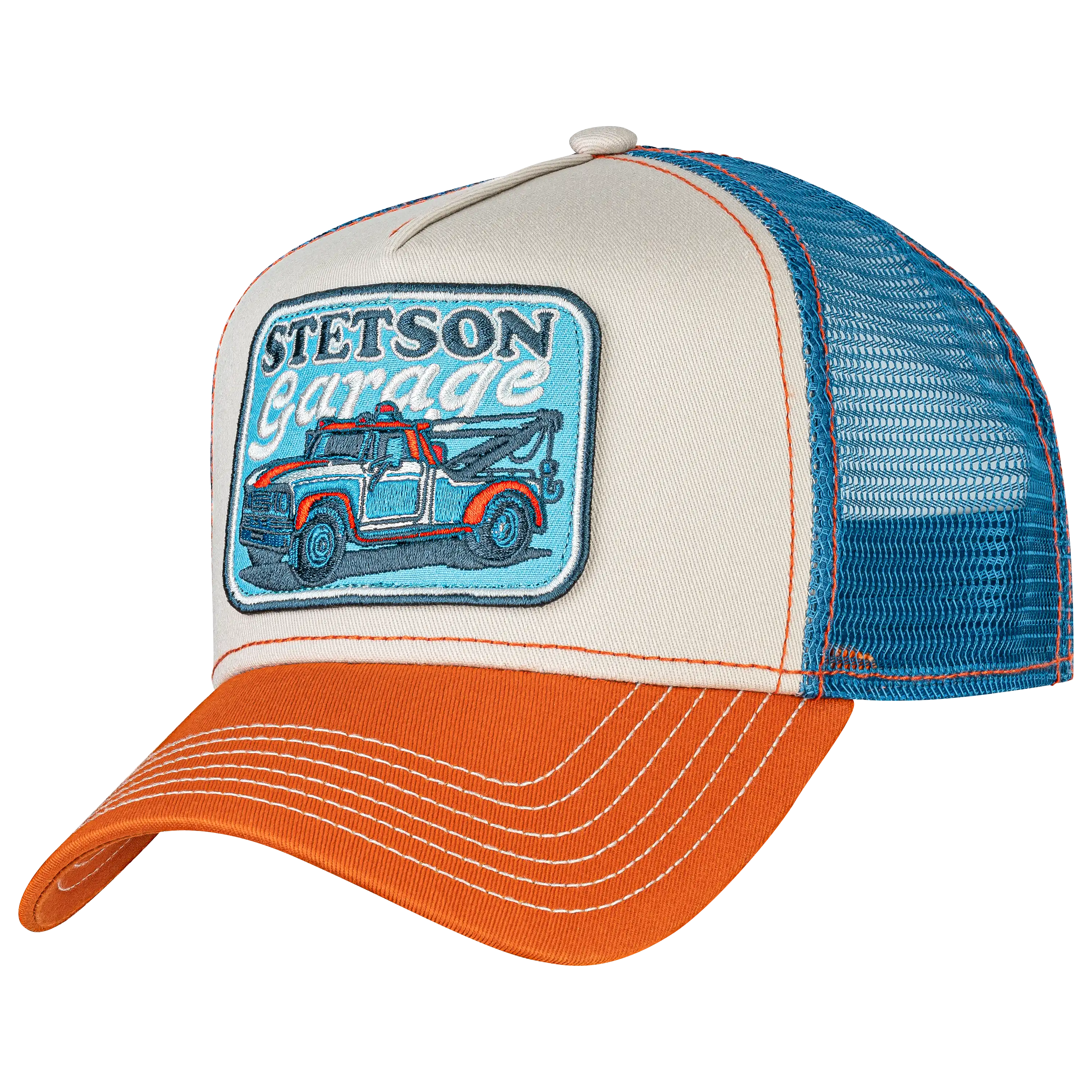 Stetson Trucker Cap mit Garage-Patch bei der professionellen Produktfotografie durch PRO-ducto GmbH. Hochwertige Textilfotografie für Bekleidung.