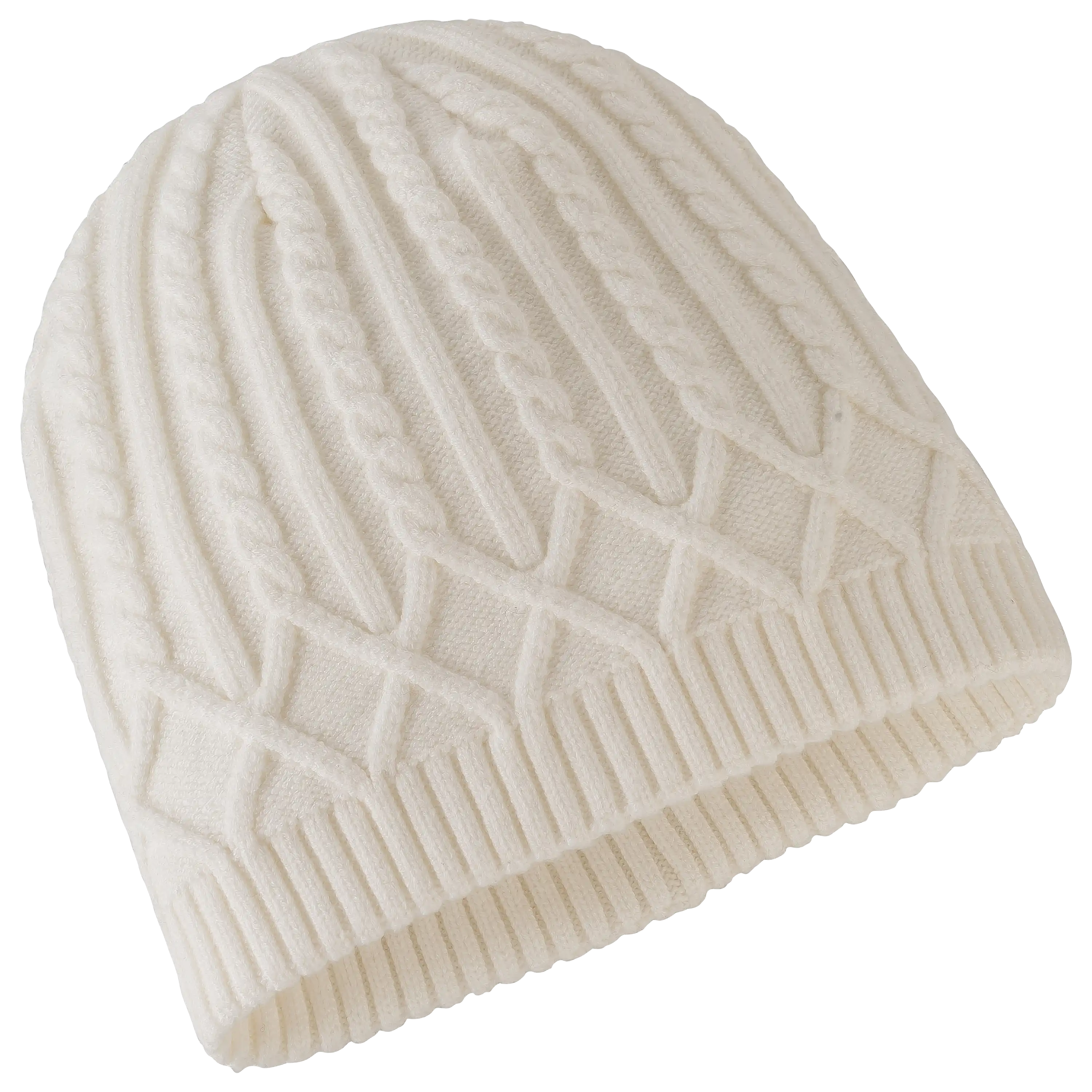 Weiße Strickmütze mit Zopfmuster für professionelle Produktfotografie von PRO-ducto GmbH – ideal, um Bekleidung hochwertig fotografieren zu lassen.