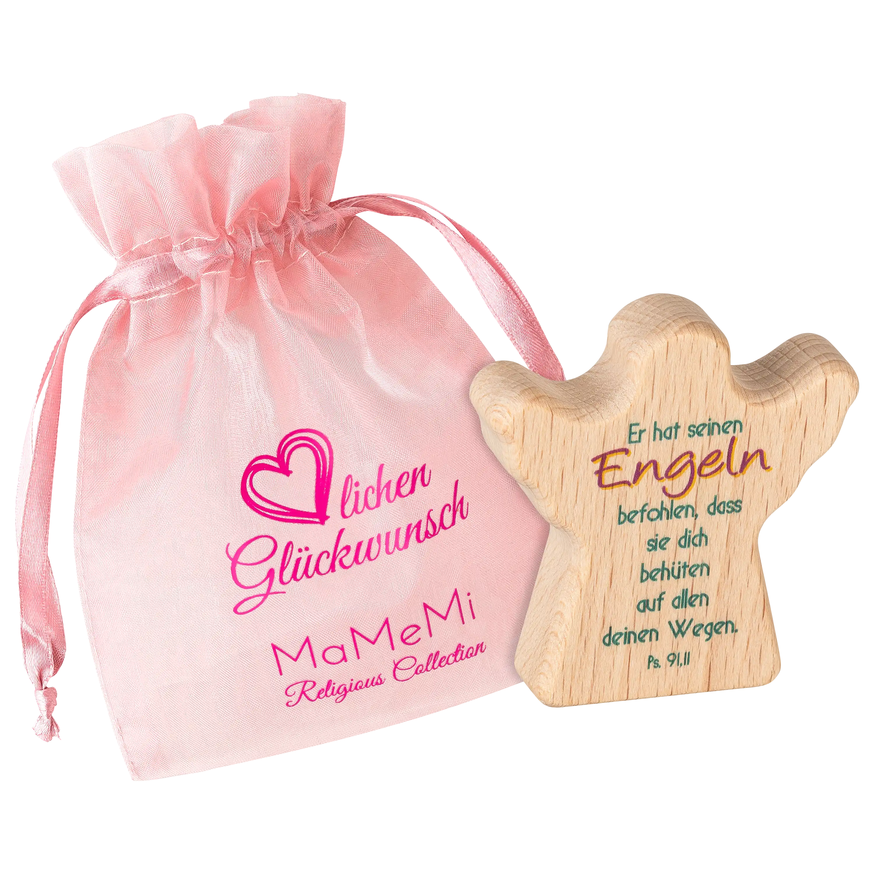 Ein Schutzengel aus Holz mit Bibelvers neben einem rosa Organzabeutel von PRO-ducto GmbH für Produktfotos.