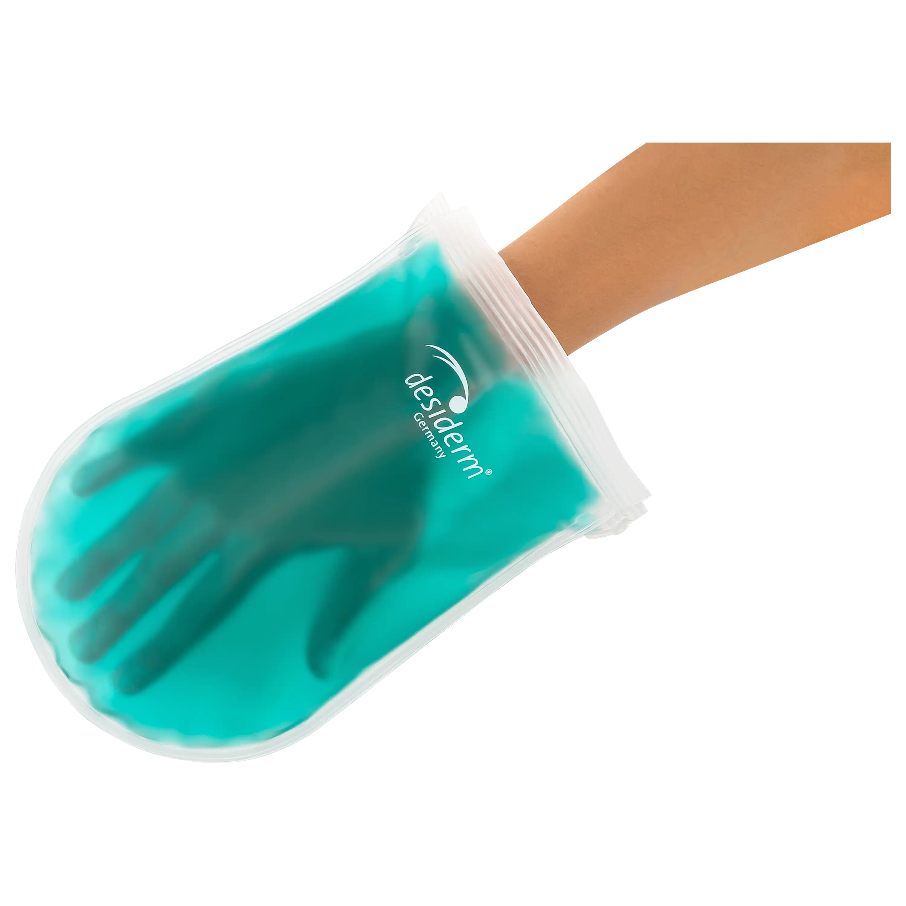 PRO-ducto GmbH Professionelle Produktfotografie: Ein Freisteller zeigt einen türkisfarbenen Desiderm Handschuh an einer Hand für mehr Sichtbarkeit und Umsatz. Produktfotografie