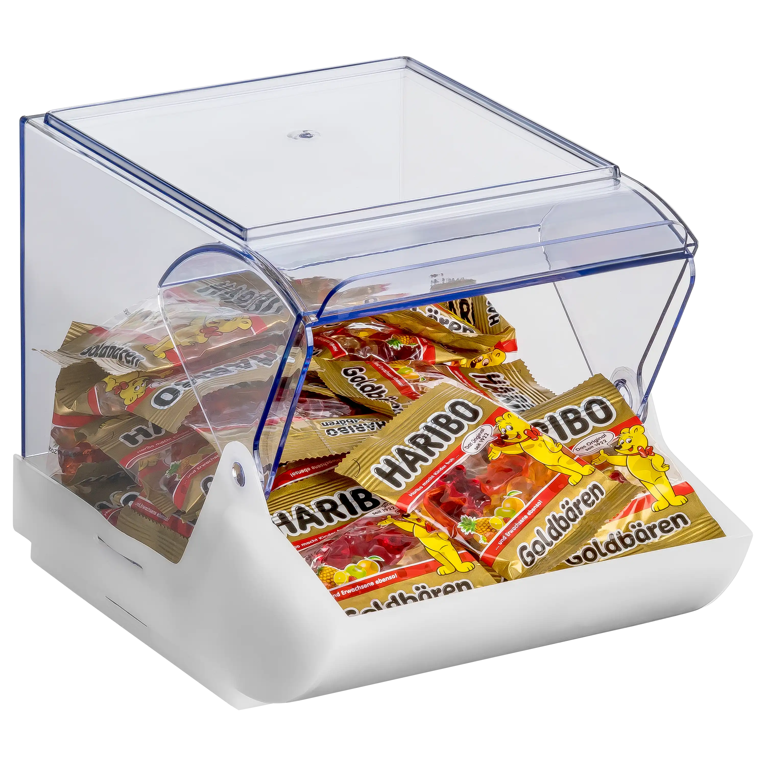 PRO-ducto GmbH Professionelle Produktfotografie als Freisteller: Ein transparenter Verkaufsbehälter gefüllt mit Haribo Goldbären für mehr Sichtbarkeit und Umsatz. Produktfotografie
