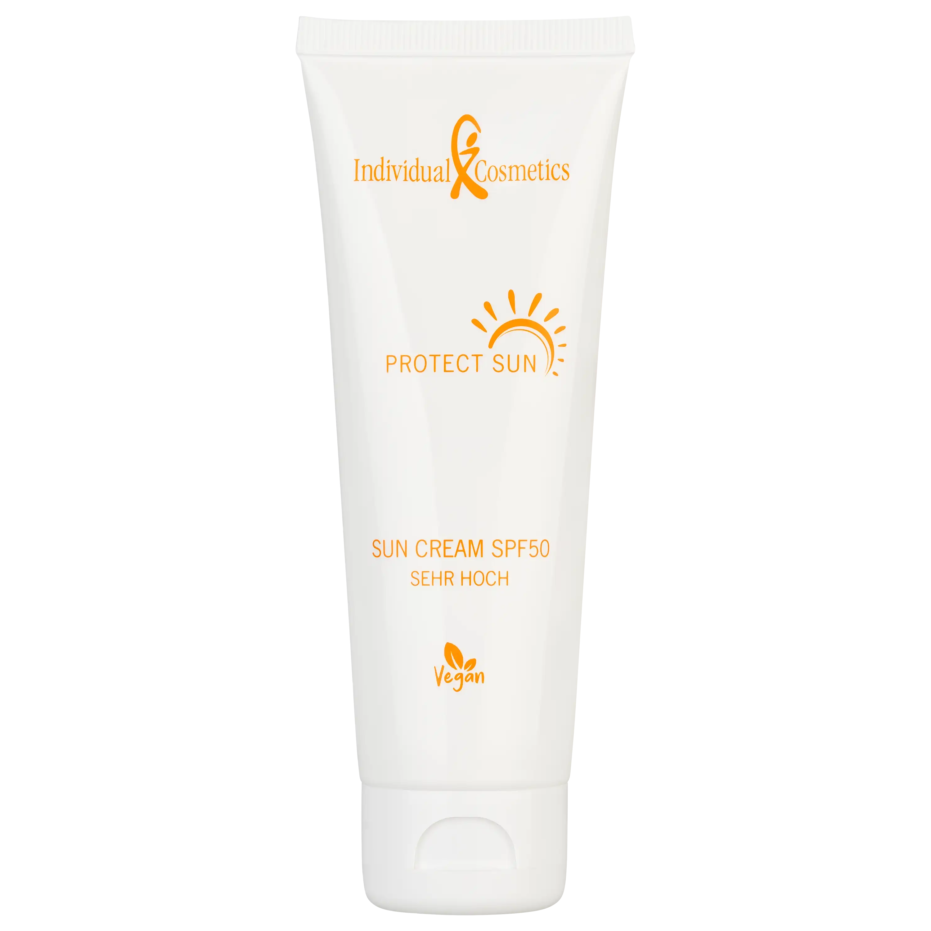 Weiße Tube Sonnencreme von Individual Cosmetics mit LSF 50, professionelle Produktfotografie von PRO-ducto GmbH.