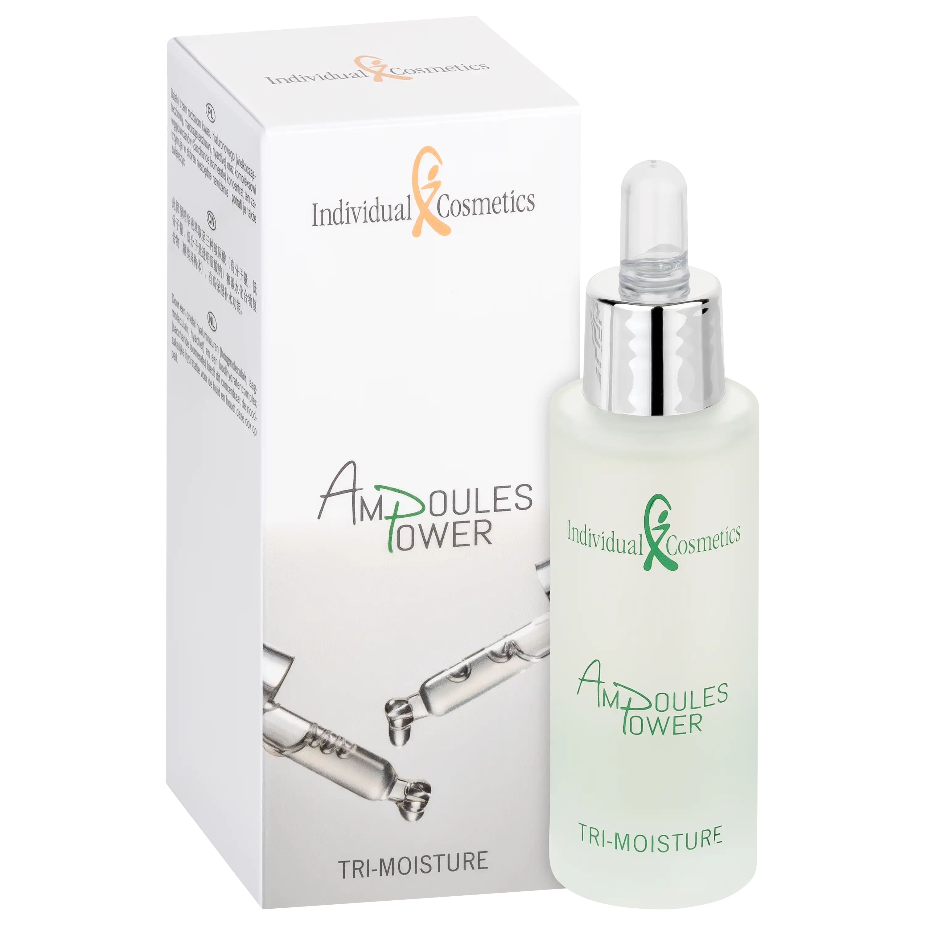Professionelle Produktfotos von Individual Cosmetics Ampoules Tower Tri-Moisture Serum mit weißer Umverpackung.
