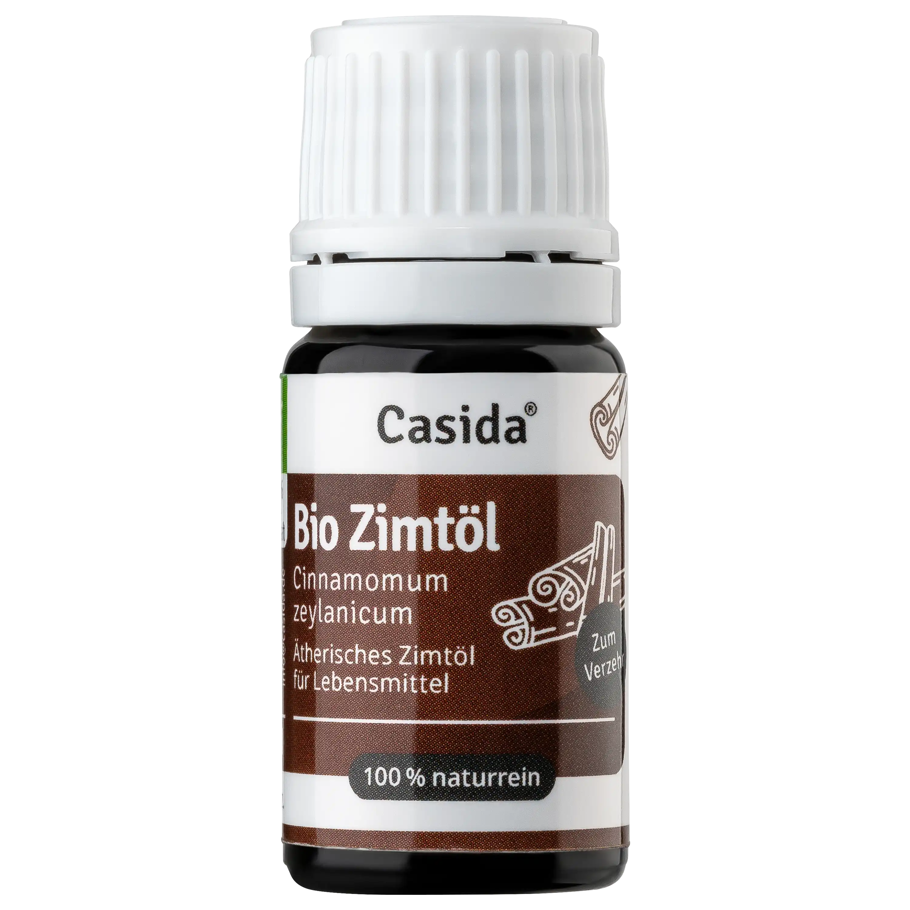 Eine kleine braune Flasche mit Casida Bio Zimtöl vor schwarzem Hintergrund, professionelle Produktfotografie.