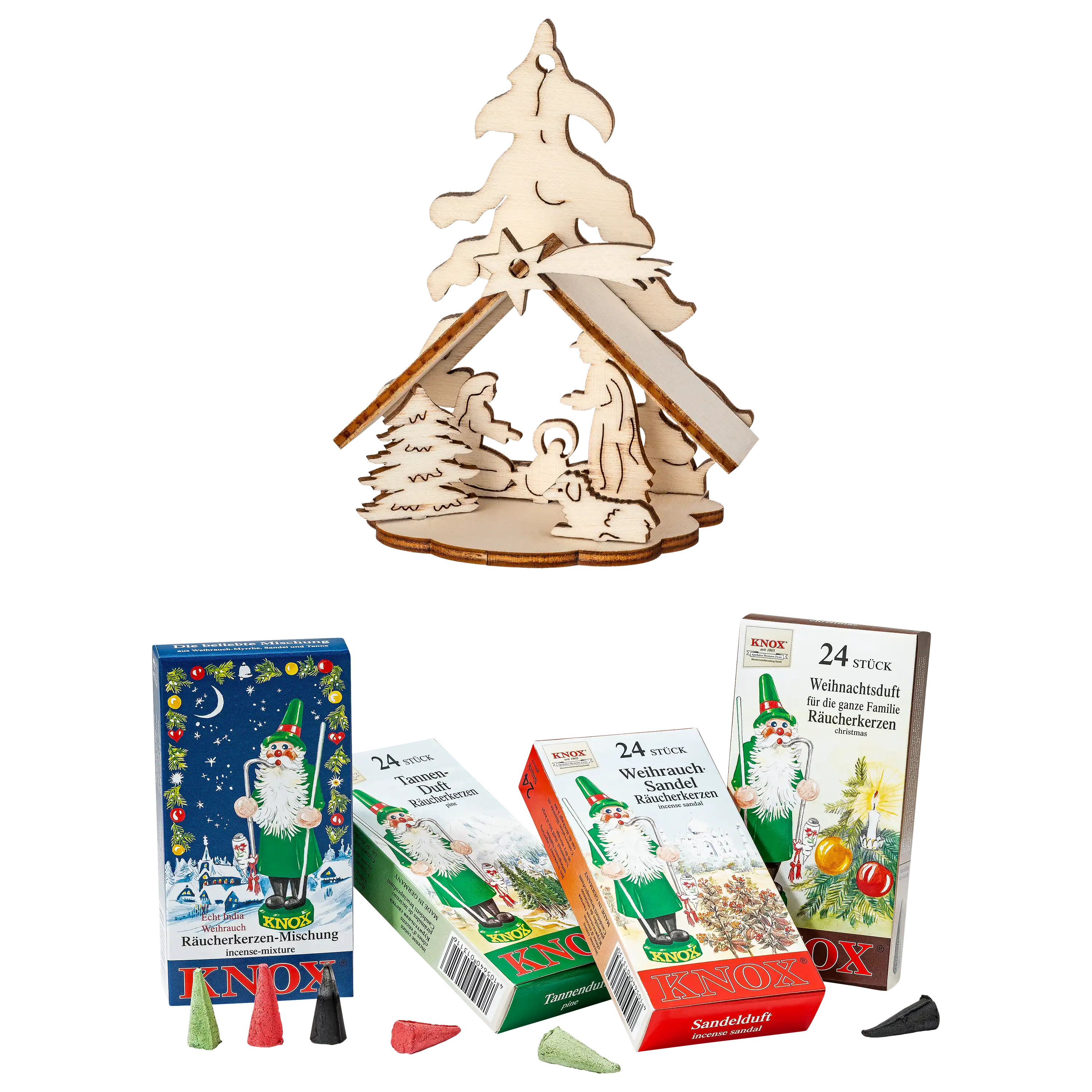 Weihnachtliche Krippe aus Holz mit verschiedenen Packungen KNOX Räucherkerzen für professionelle Produktfotos.