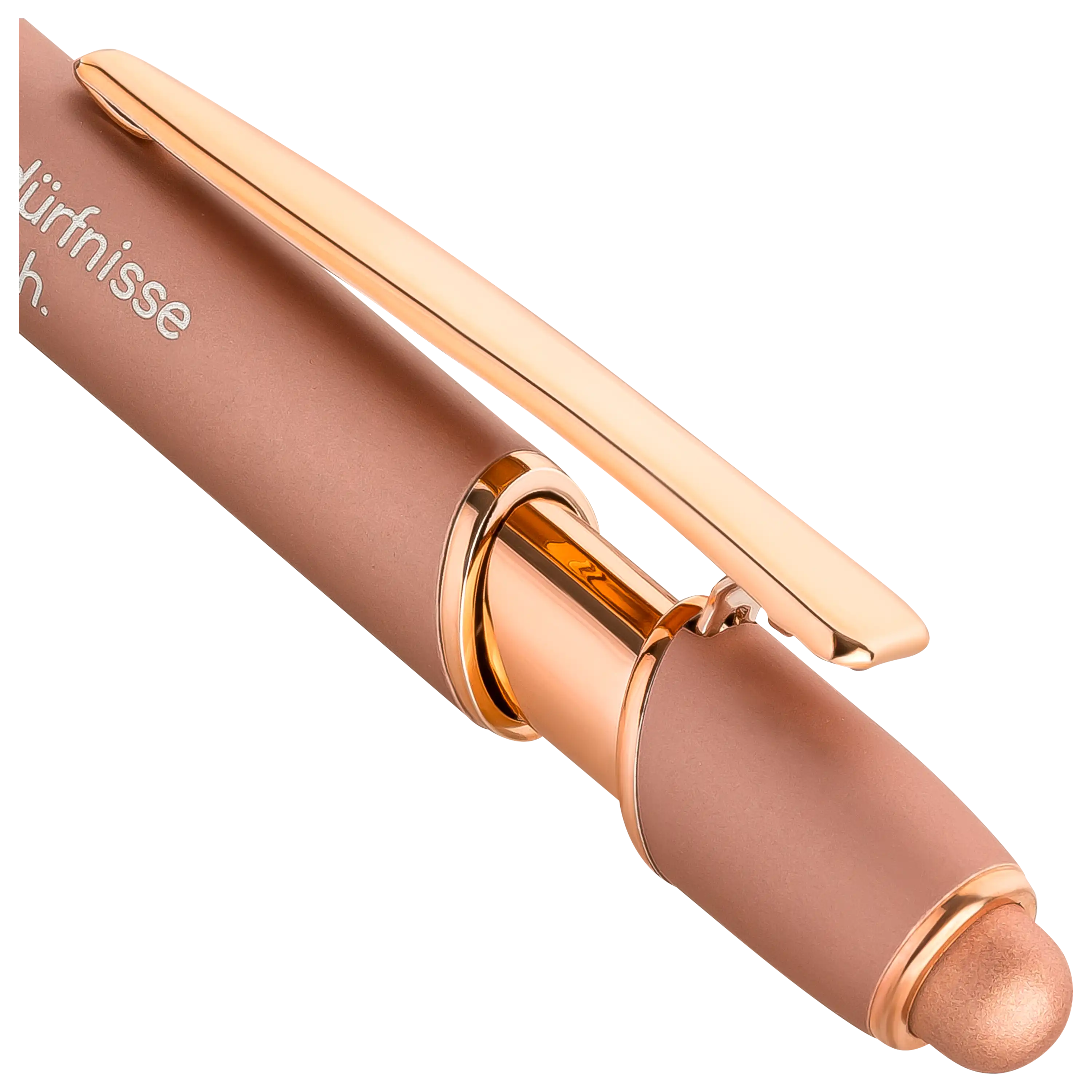 Nahaufnahme eines matten, roségoldenen Kugelschreibers mit glänzenden Akzenten für professionelle Produktfotos.