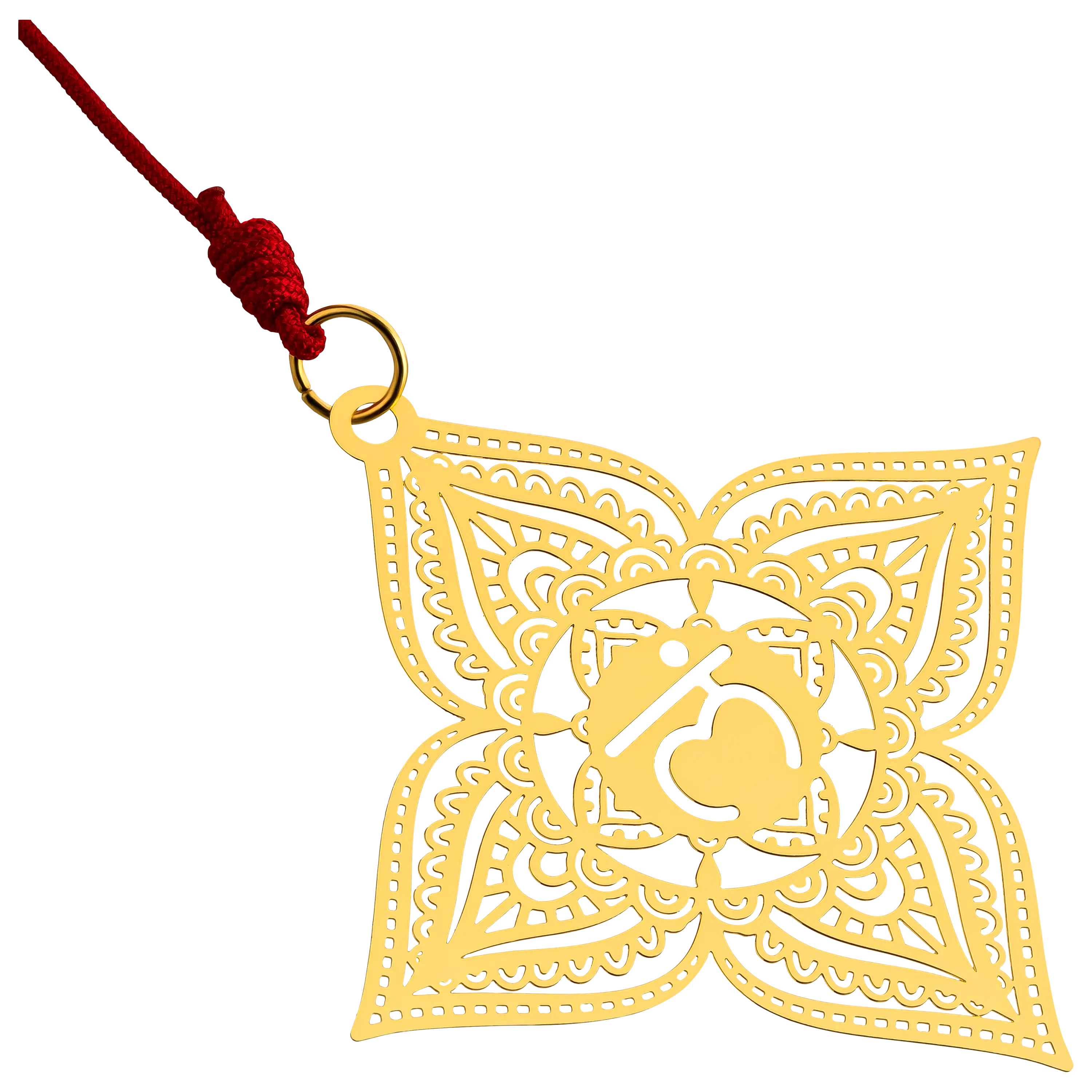 Goldener Anhänger mit filigranem Mandala-Muster an rotem Band, fotografiert von der PRO-ducto GmbH für Produktfotos.