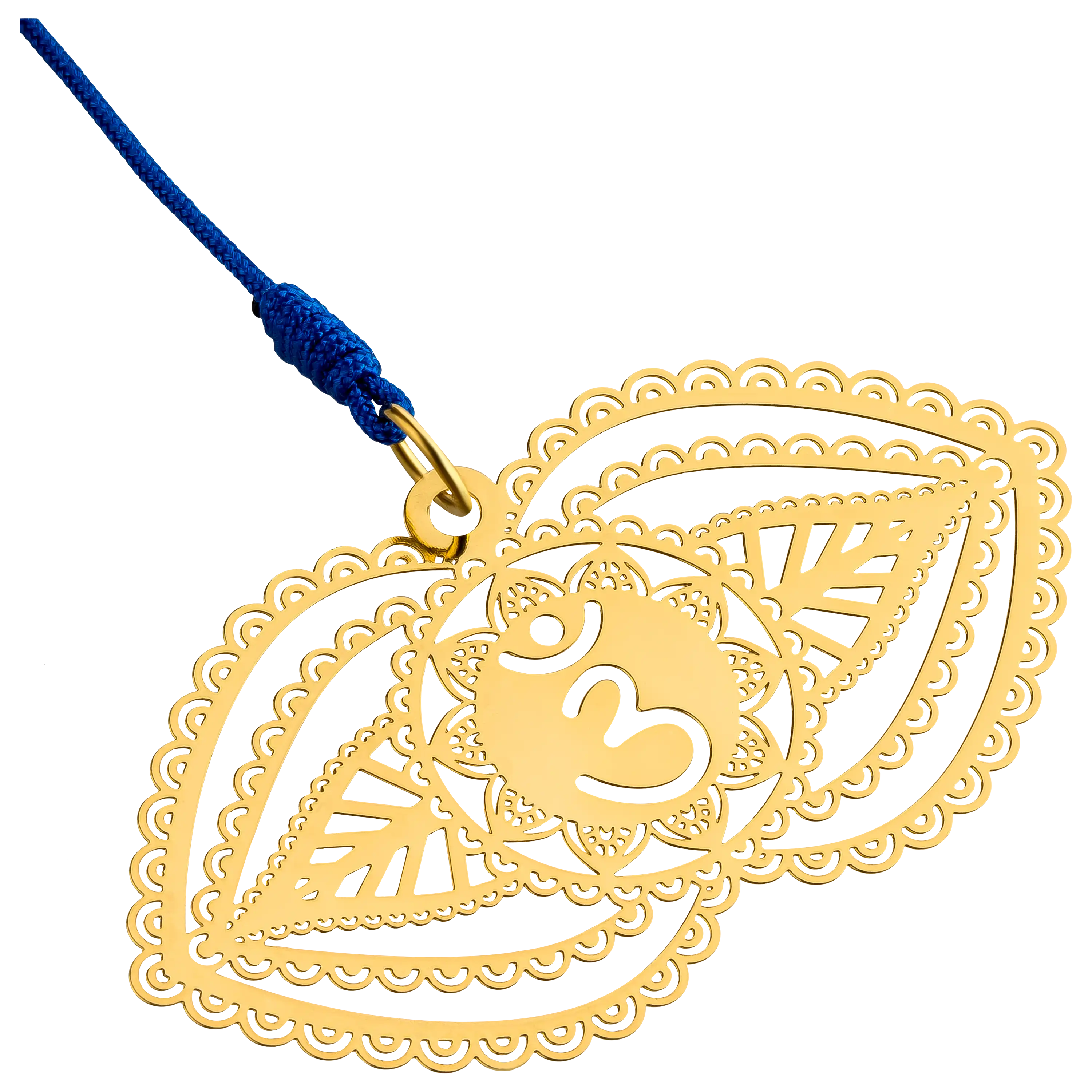 Goldener Anhänger mit Om-Symbol an blauem Band, fotografiert durch professionelle Produktfotografie der PRO-ducto GmbH.