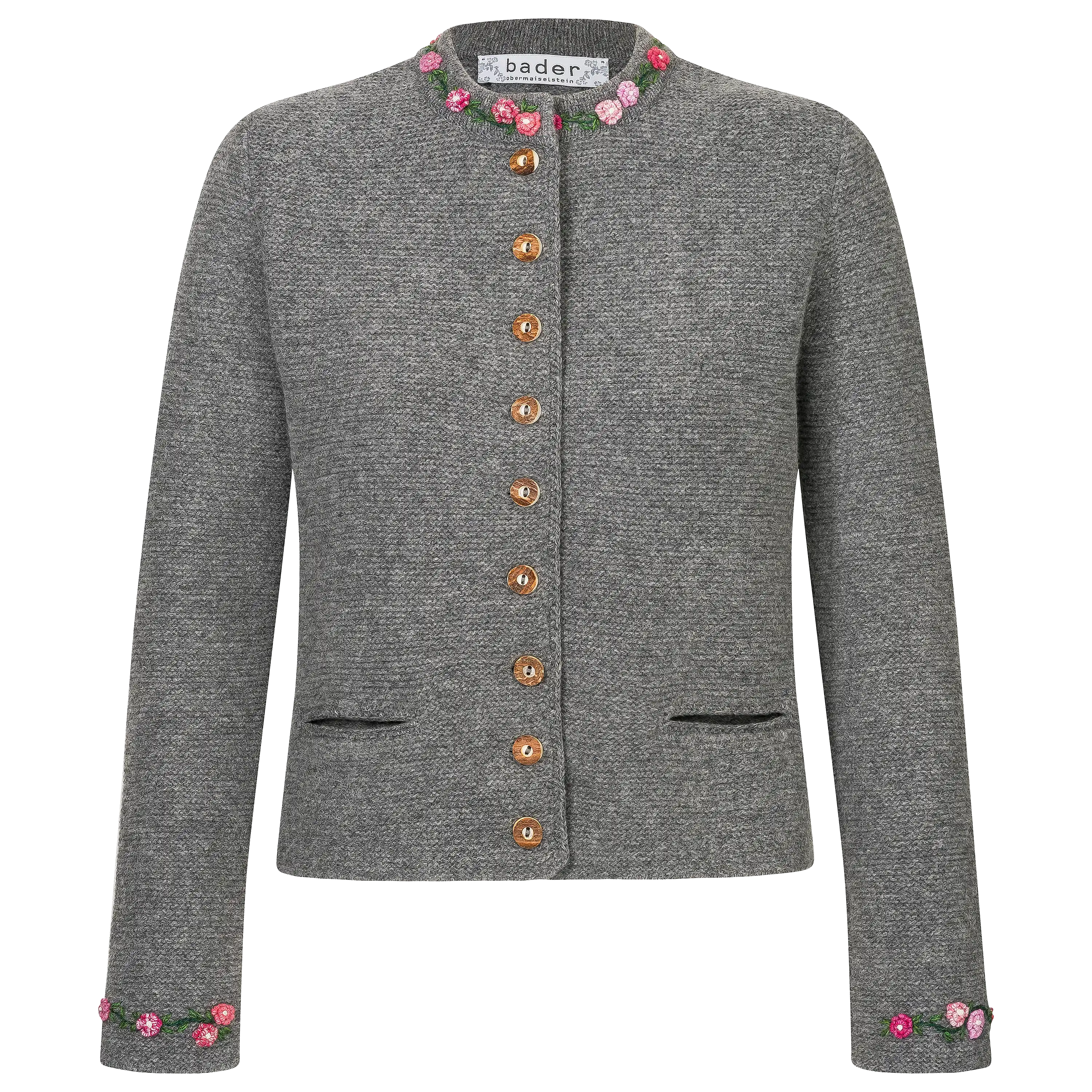 Graue Strickjacke mit Blumenstickerei für professionelle Produktfotografie von PRO-ducto GmbH bei Textilfotografie.