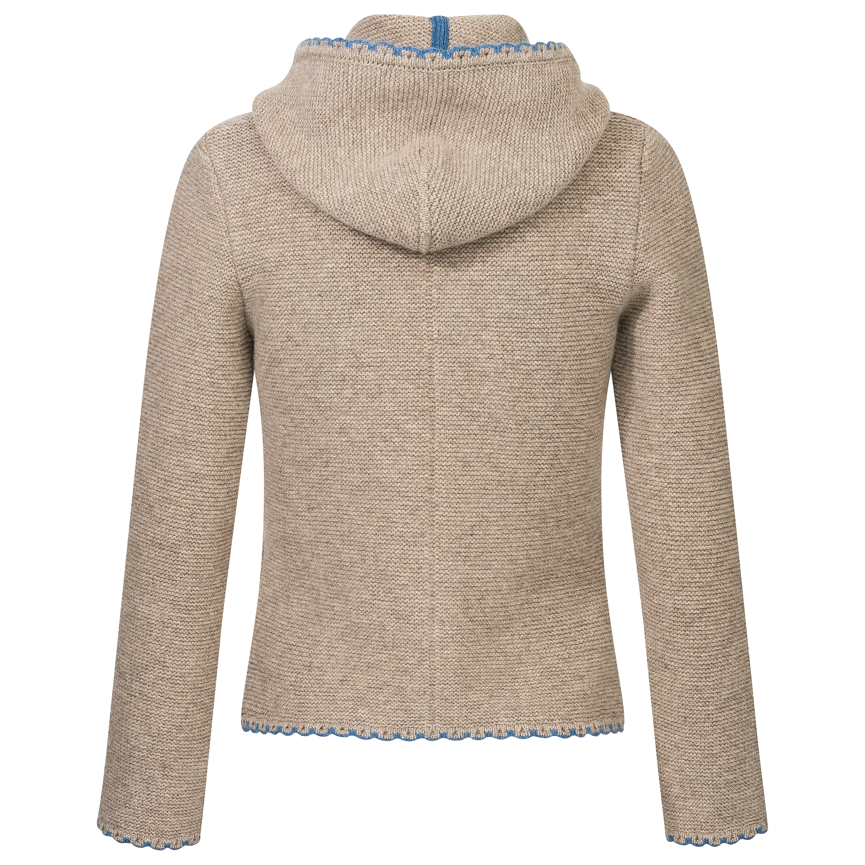 Rückansicht einer beigen Strickjacke mit Kapuze für professionelle Produktfotografie von PRO-ducto GmbH.