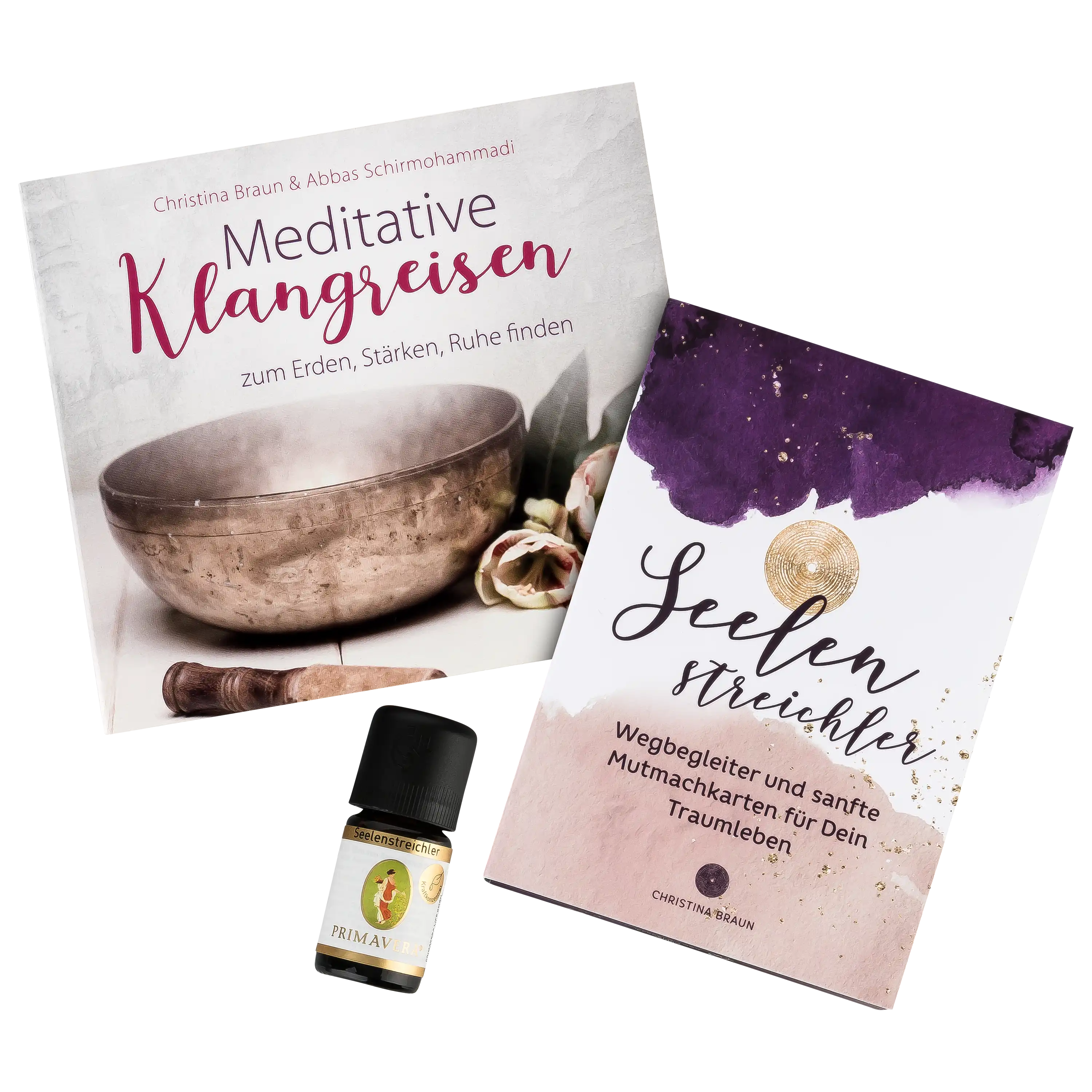 Zwei Bücher mit Titeln zu Meditation und Achtsamkeit sowie ein ätherisches Öl von Primavera auf schwarzem Grund.