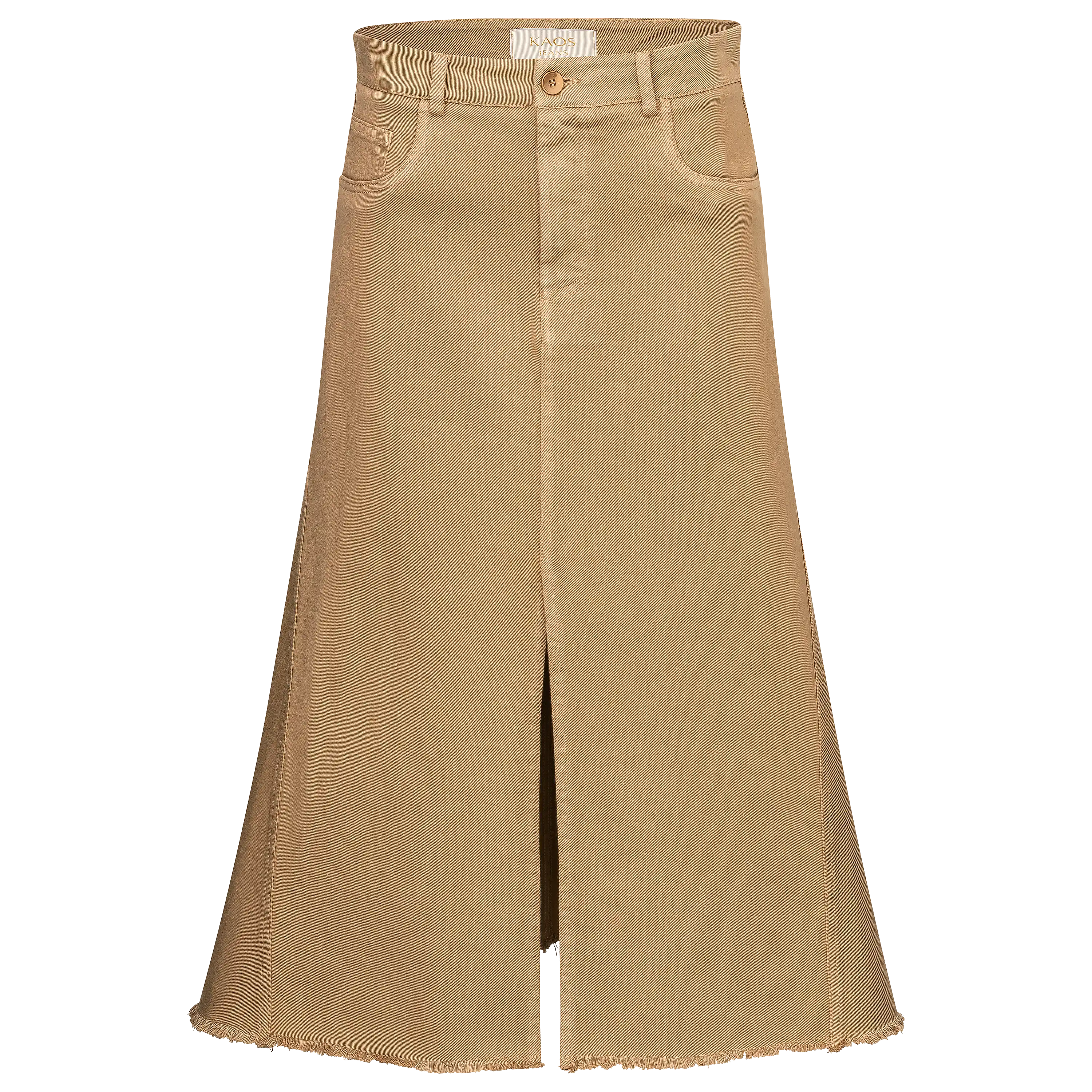 Professionelle Produktfotografie eines beigen Jeansrocks mit Schlitz als Freisteller. Ideal für Textilfotografie und hochwertige Produktbilder. PRO-ducto GmbH
