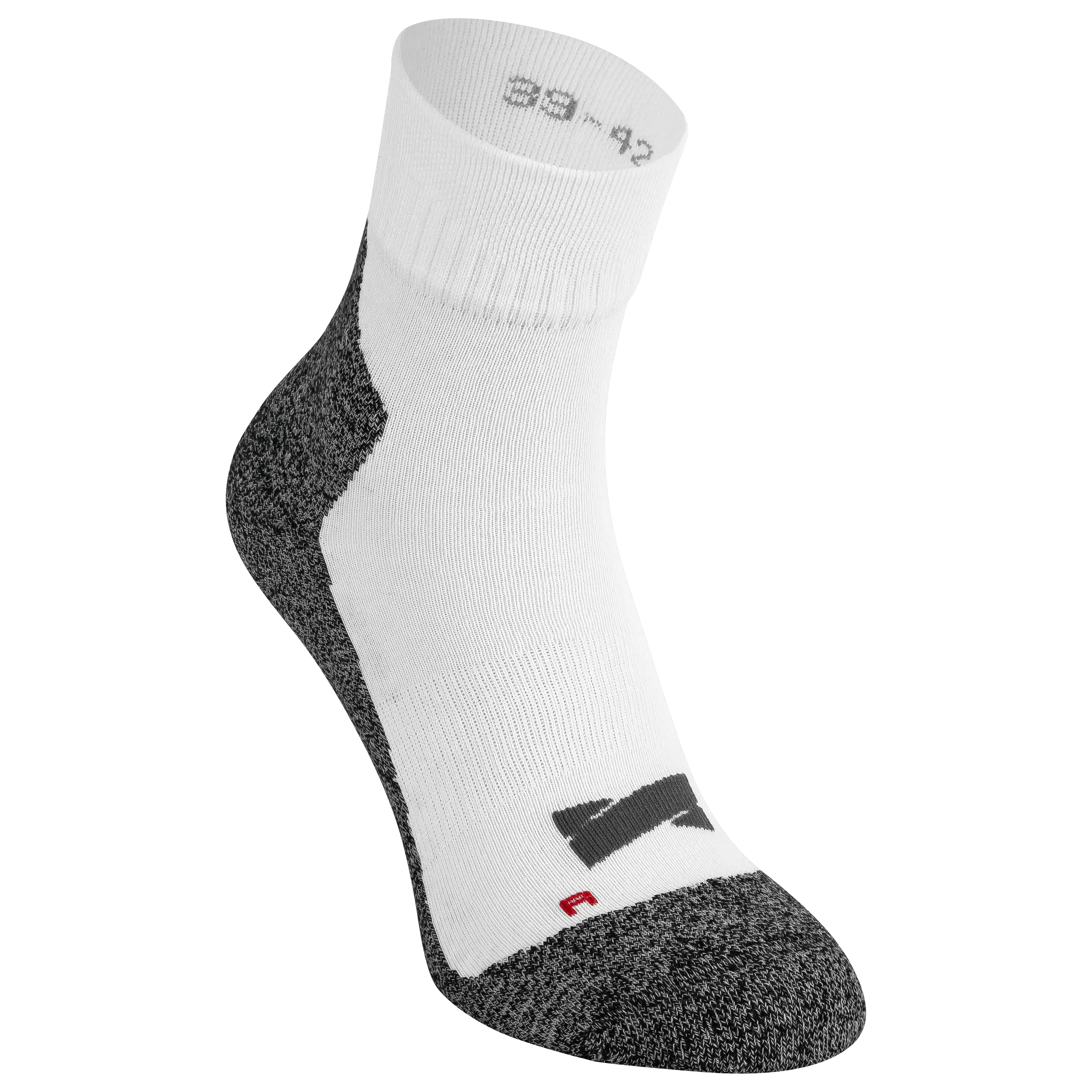 Professionelle Produktfotografie einer weißen Sportsocke mit grauen Akzenten von PRO-ducto GmbH, ideal für Textilfotografie und Bekleidung.
