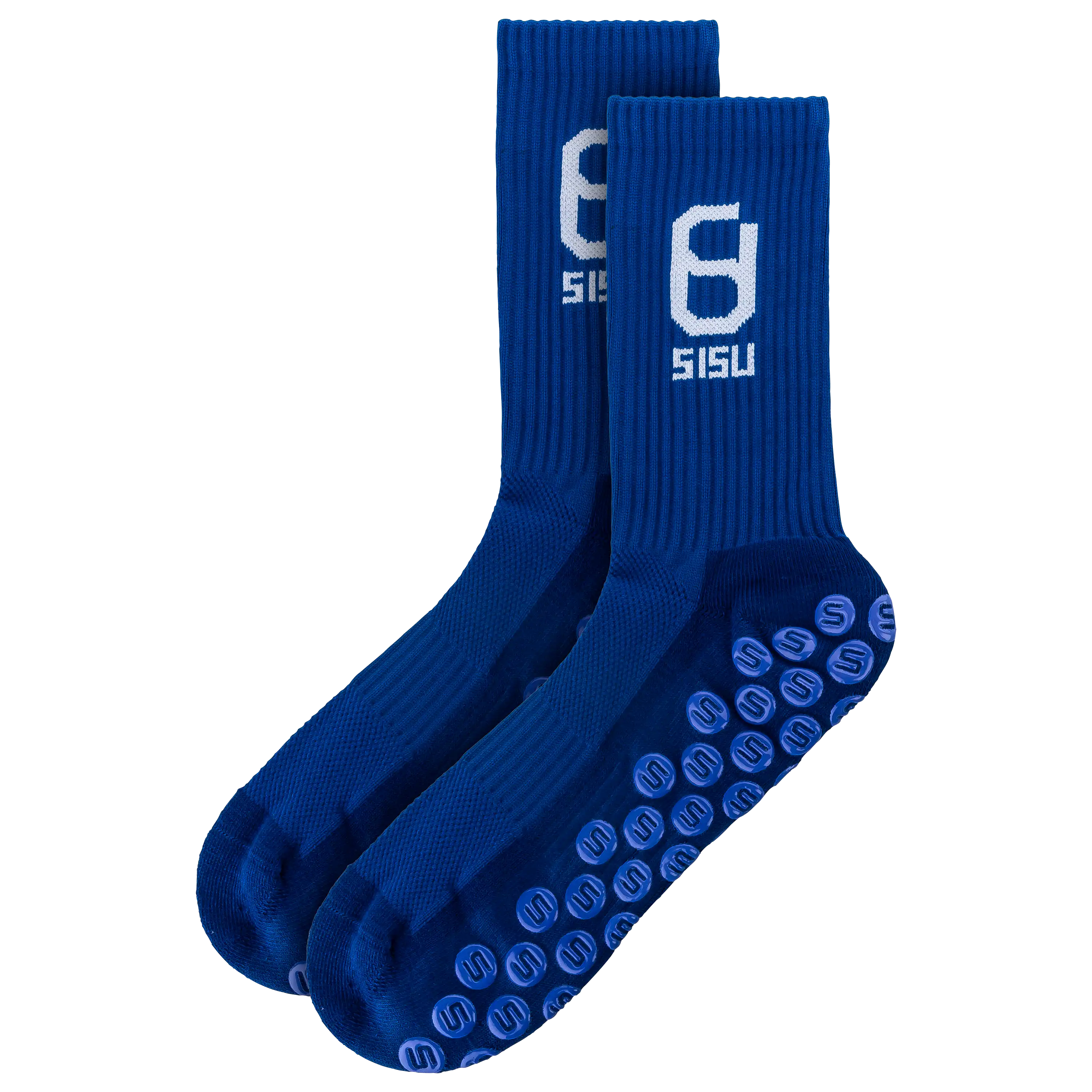 Blaue SISU Sportsocken mit Anti-Rutsch-Noppen für professionelle Produktfotografie von PRO-ducto GmbH, ideal für Textilfotografie und Bekleidung.