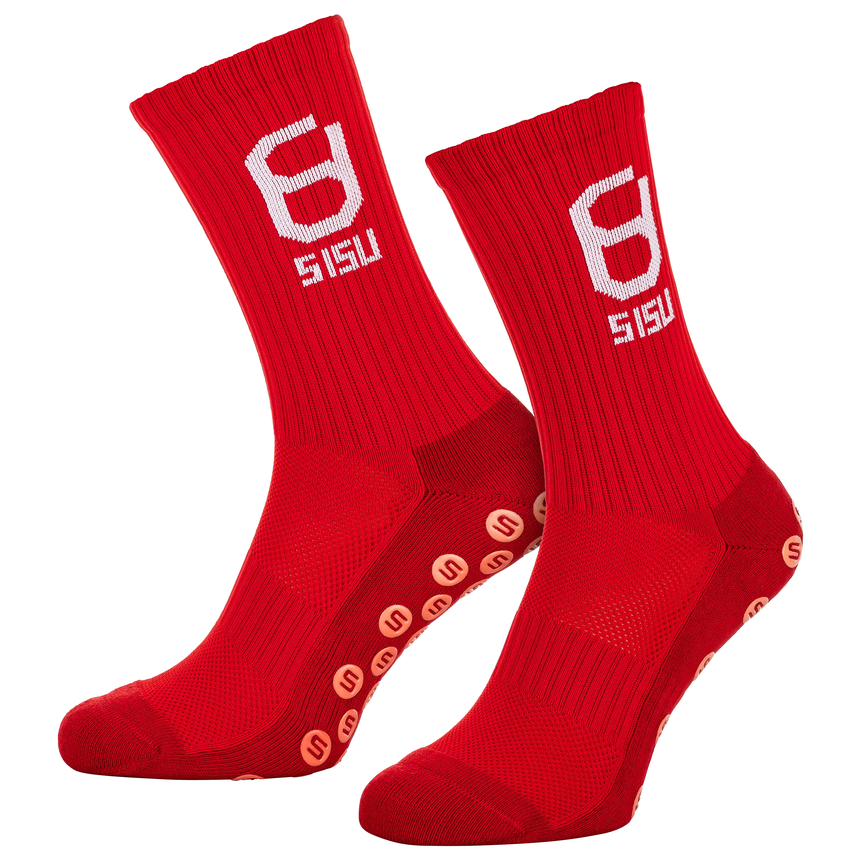 Professionelle Produktfotografie von roten SISU Sportsocken mit Anti-Rutsch-Noppen für optimalen Halt, ideal für hochwertige Textilfotografie.