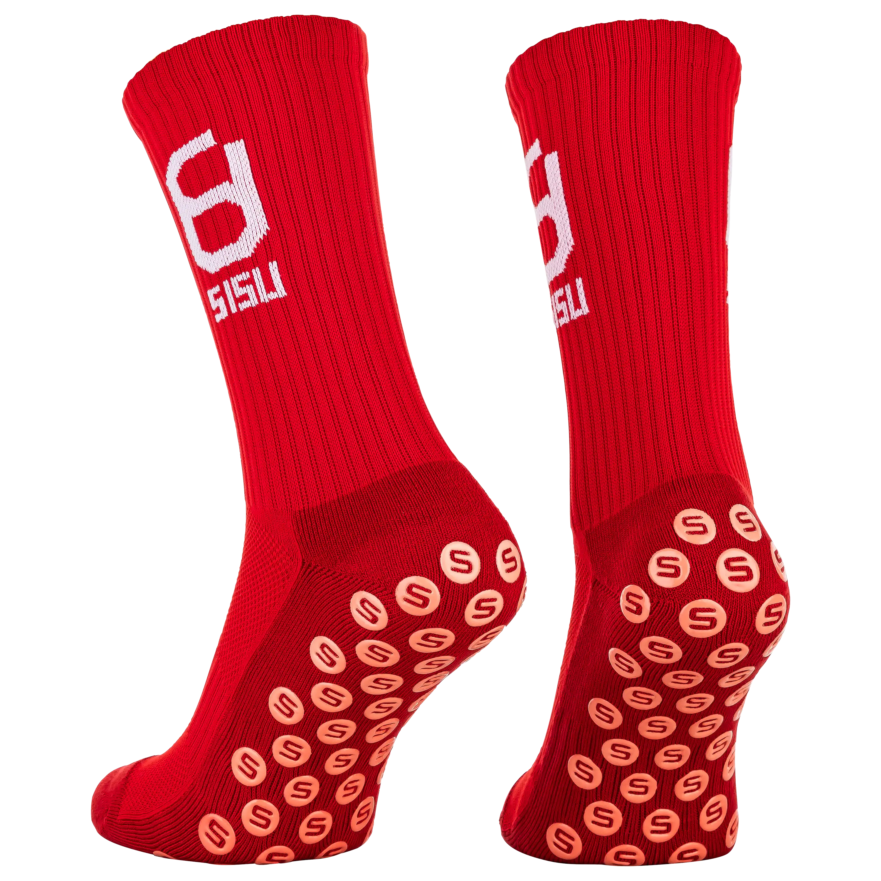 Professionelle Produktfotografie von roten SISU Grip-Socken mit Noppensohle. Ideal, wenn Sie Bekleidung fotografieren lassen oder Textilfotografie suchen.