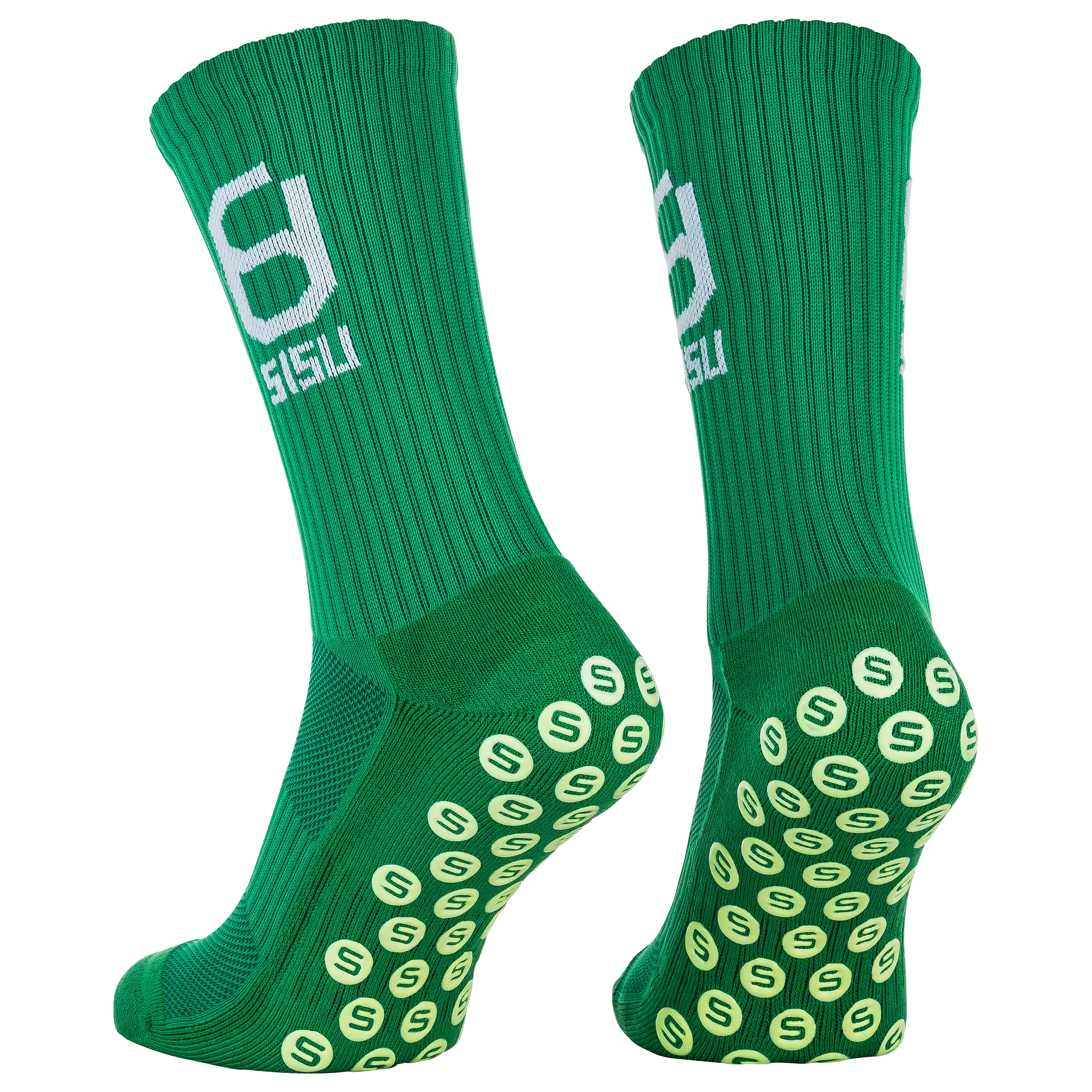 Professionelle Produktfotografie von grünen Socken mit Noppensohle für besseren Halt. Lassen Sie bei PRO-ducto GmbH Ihre Textilfotografie erstellen.