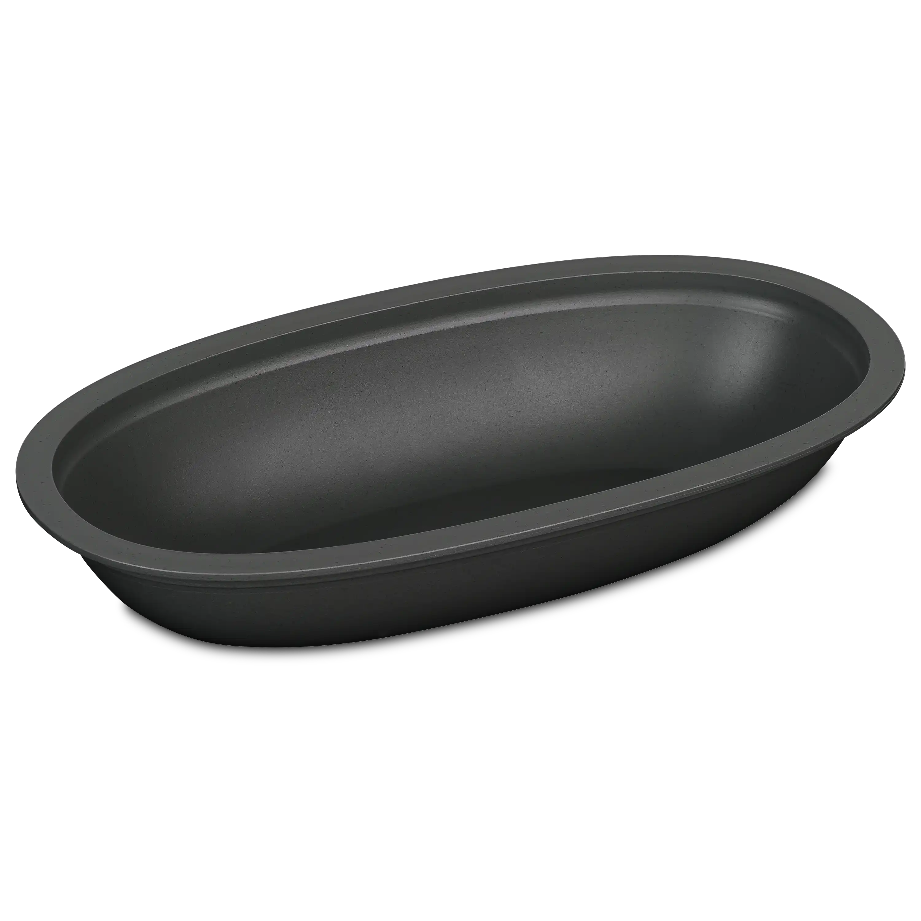 Eine ovale, dunkelgraue Schale vor schwarzem Hintergrund, fotografiert durch professionelle Produktfotografie.