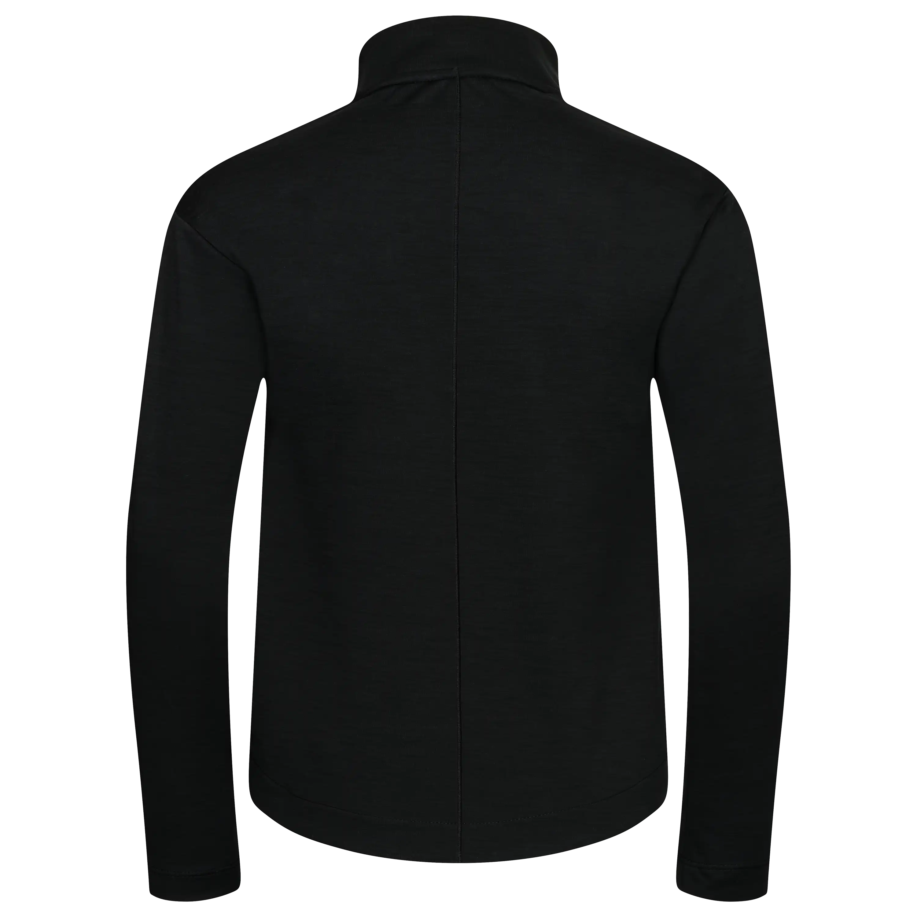 Rückansicht eines schwarzen Langarmshirts mit Stehkragen für professionelle Produktfotografie von PRO-ducto GmbH, ideal für Textilfotografie.