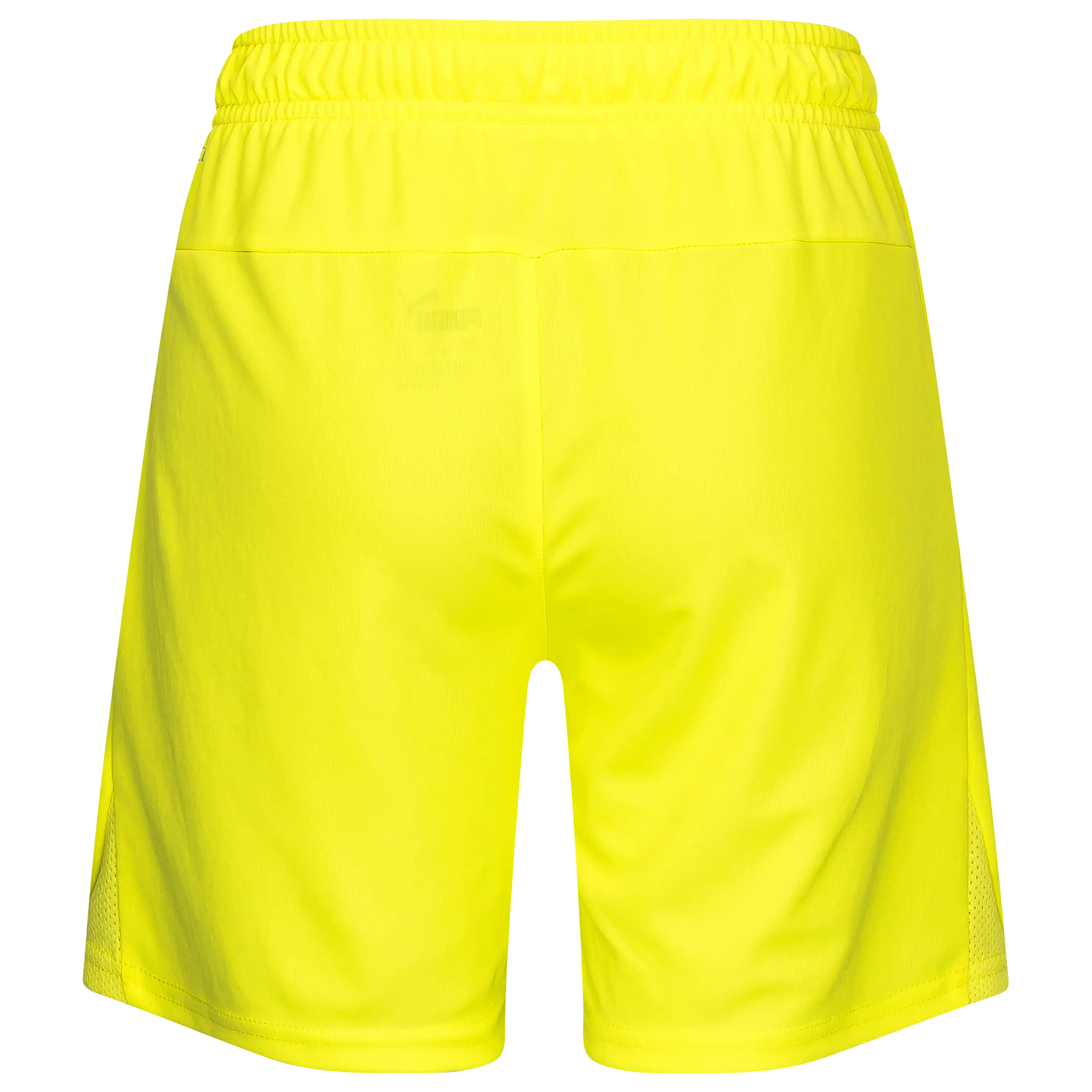 Rückansicht einer neongelben Sportshorts für die professionelle Produktfotografie von PRO-ducto GmbH, ideal für hochwertige Textilfotografie.