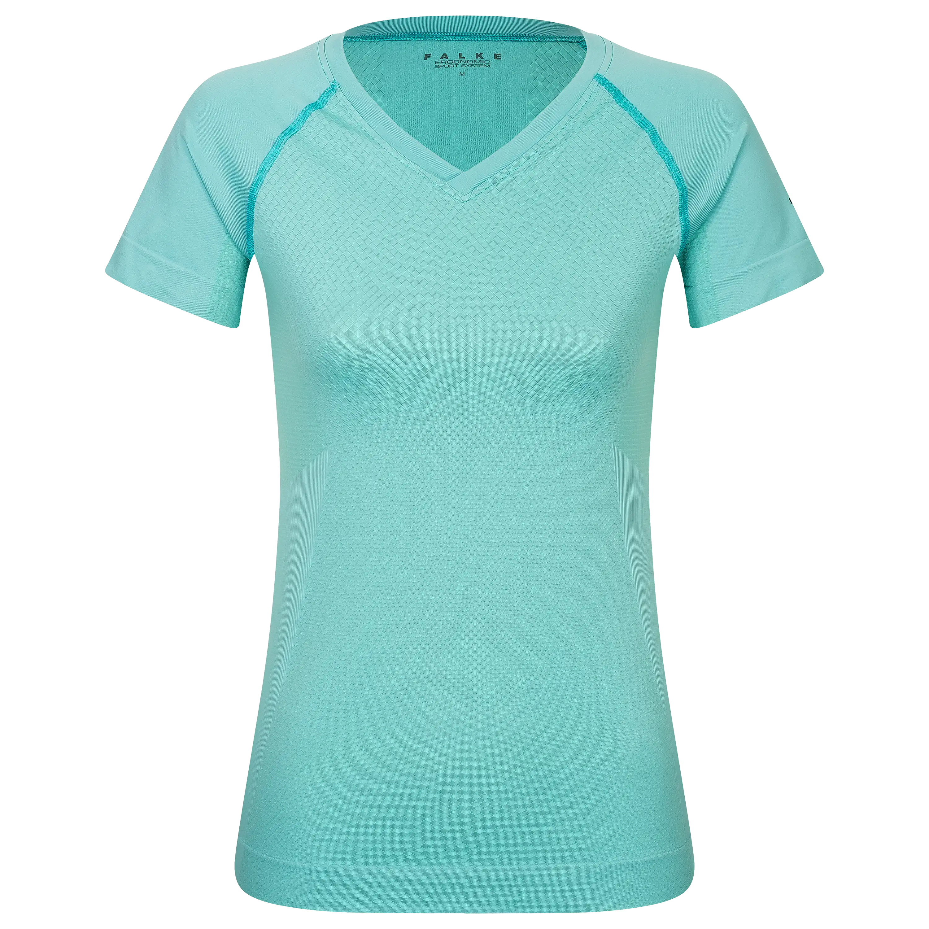 Türkisfarbenes Falke Sport-T-Shirt mit V-Ausschnitt für professionelle Produktfotografie von Textilien.