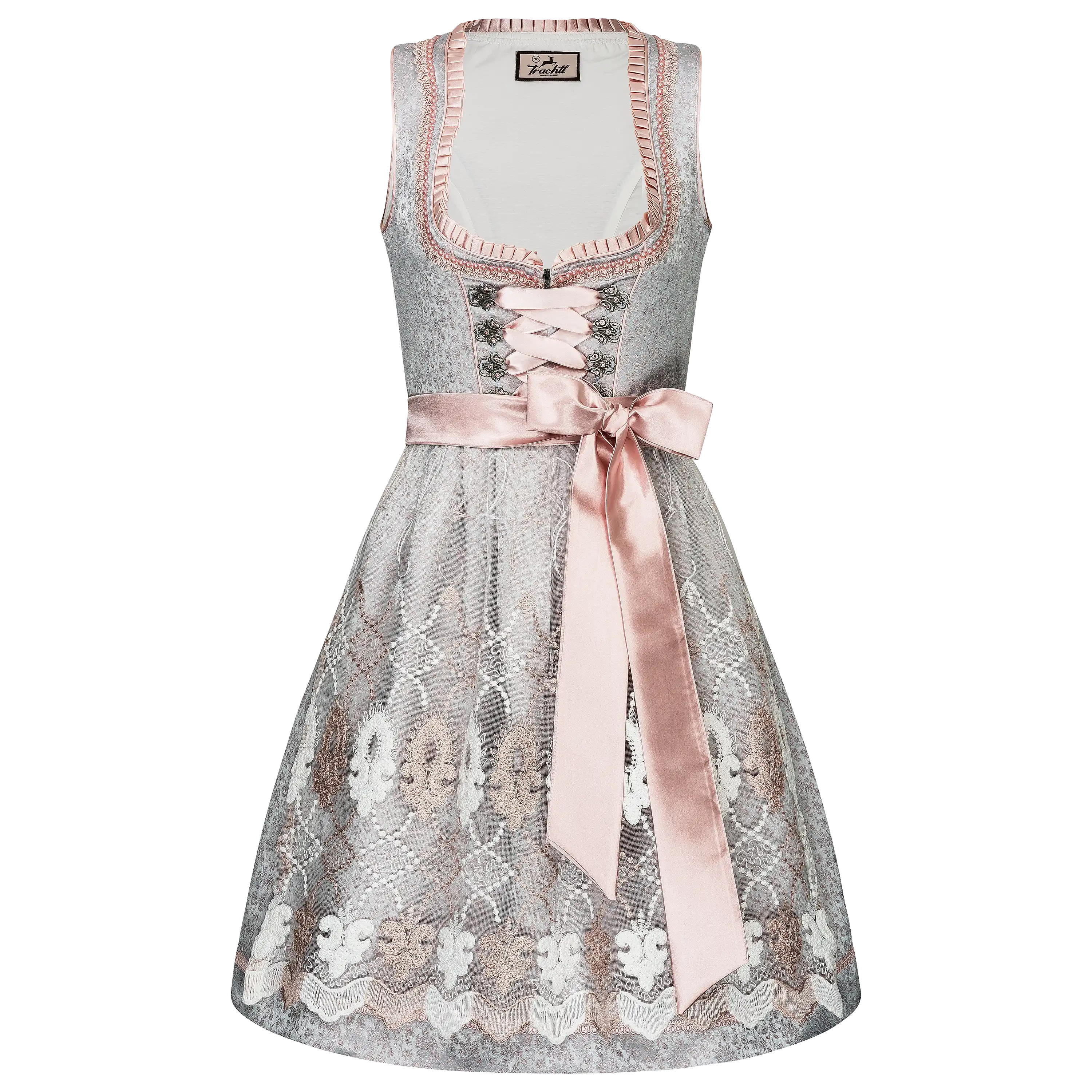 Professionelle Produktfotografie eines grauen Trachtendirndls mit rosa Schleife für hochwertige Textilfotografie.