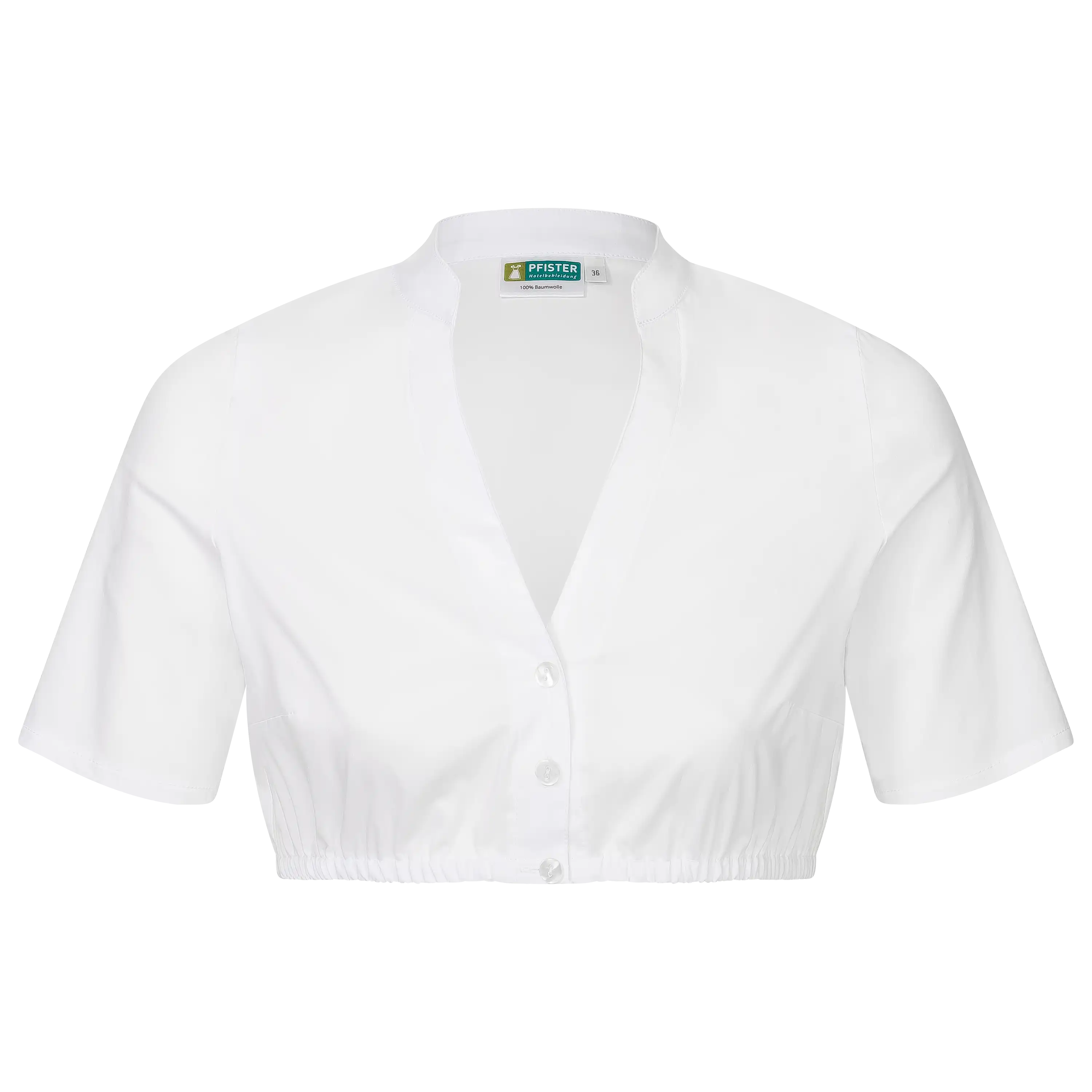 Weiße Trachtenbluse von PRO-ducto GmbH für professionelle Produktfotografie von Kleidung vor schwarzem Hintergrund.
