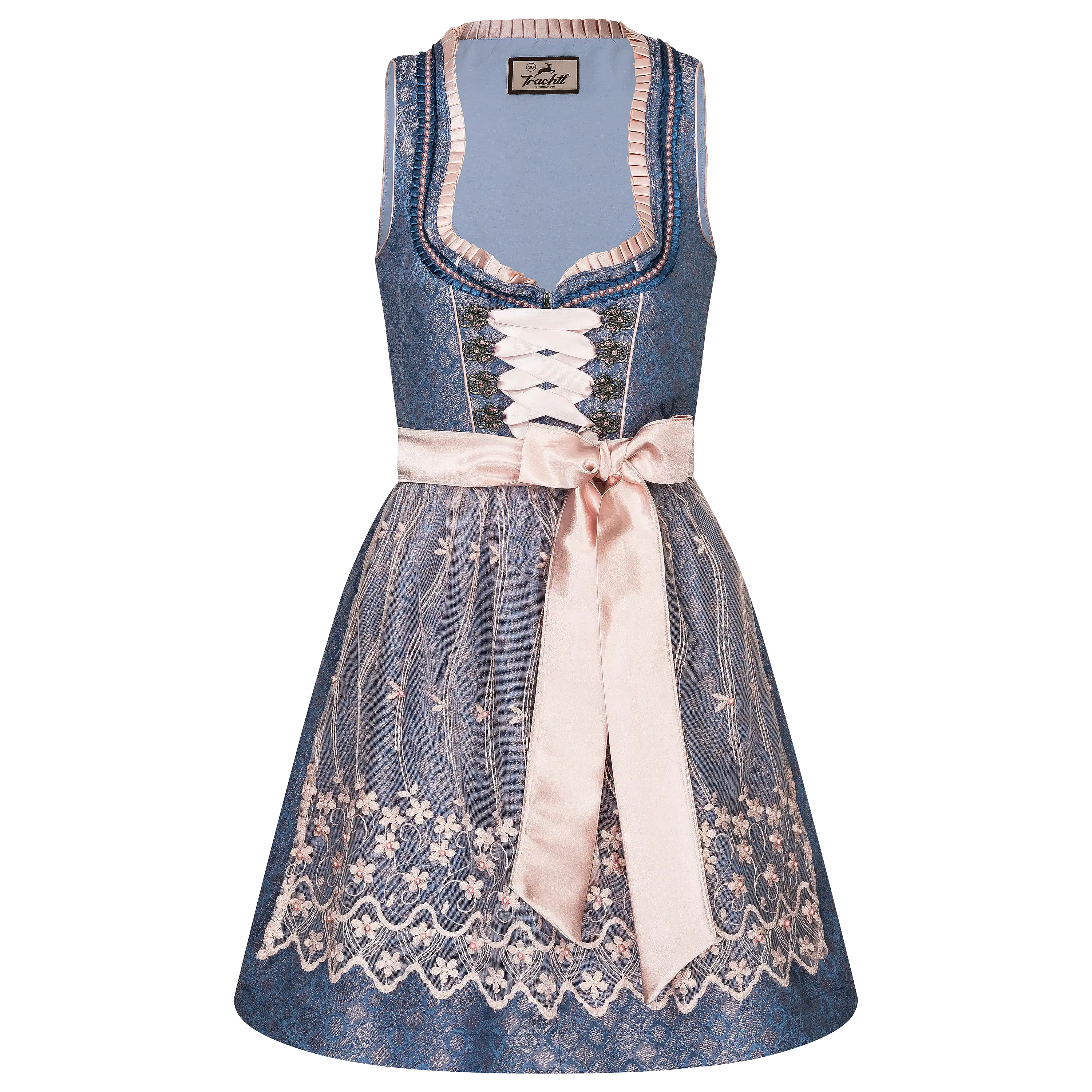 Professionelle Produktfotografie eines blauen Dirndls mit rosa Schürze und floralen Stickereien von PRO-ducto GmbH.