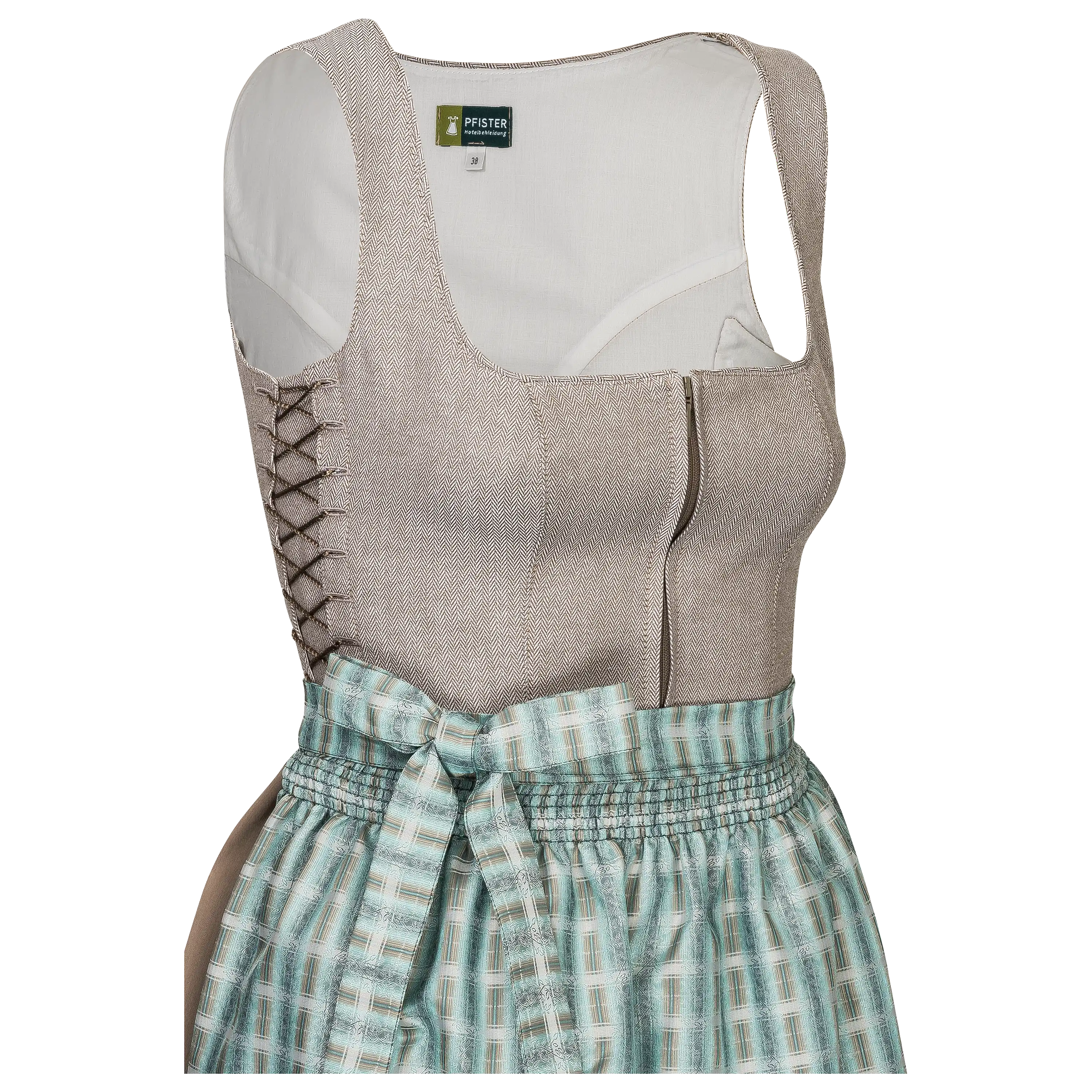 Professionelle Produktfotografie eines beige-karierten Dirndls von Pfister für hochwertige Textilfotografie.