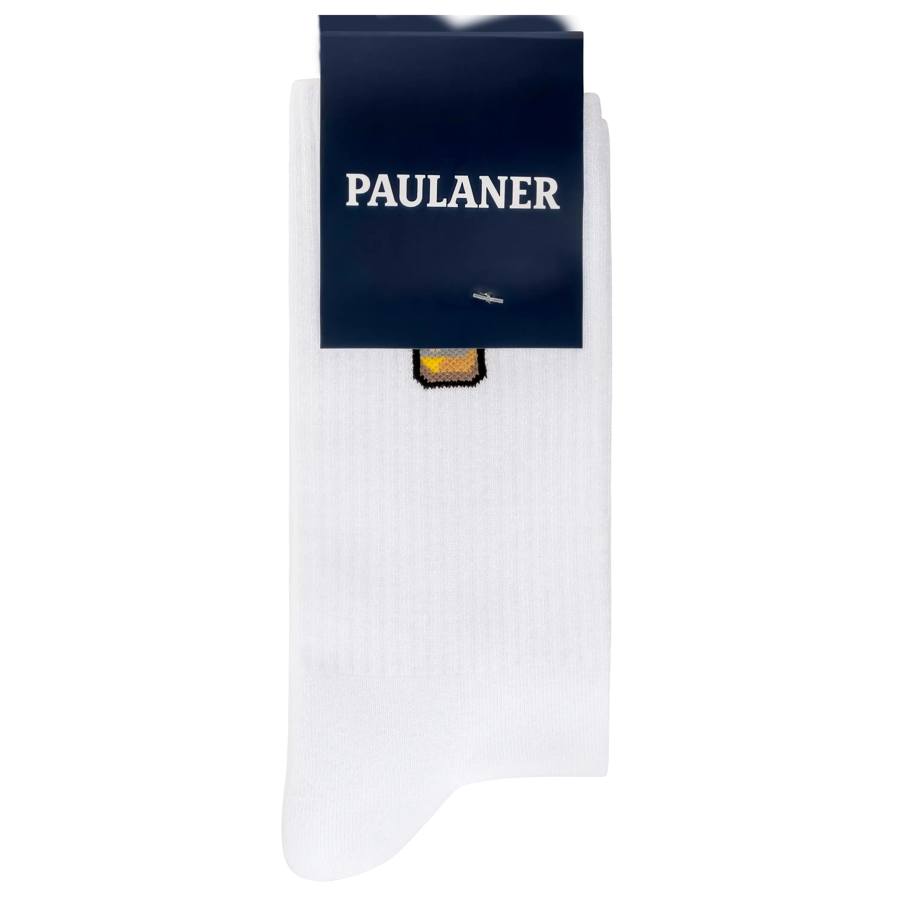Weiße Socken mit Paulaner-Logo in professioneller Textilfotografie von PRO-ducto GmbH. Hochwertige Produktbilder für Bekleidung fotografieren lassen.