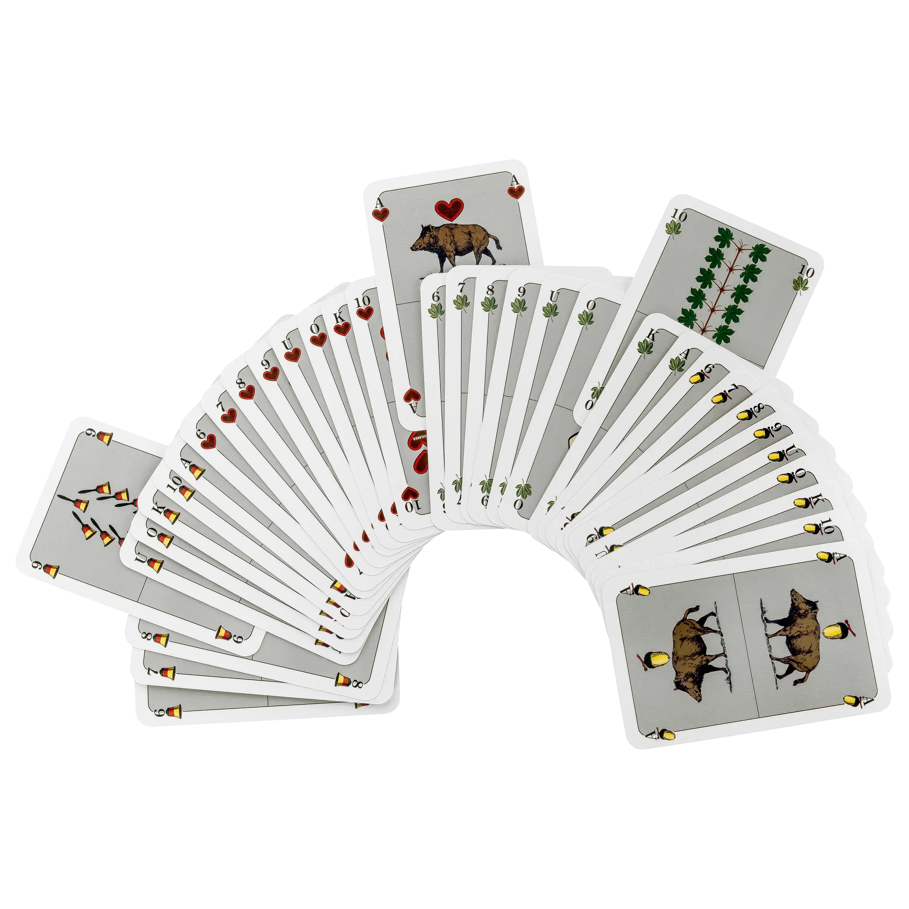 Ein fächerförmig ausgebreitetes Kartenspiel mit traditionellen Motiven vor einem schwarzen Hintergrund.