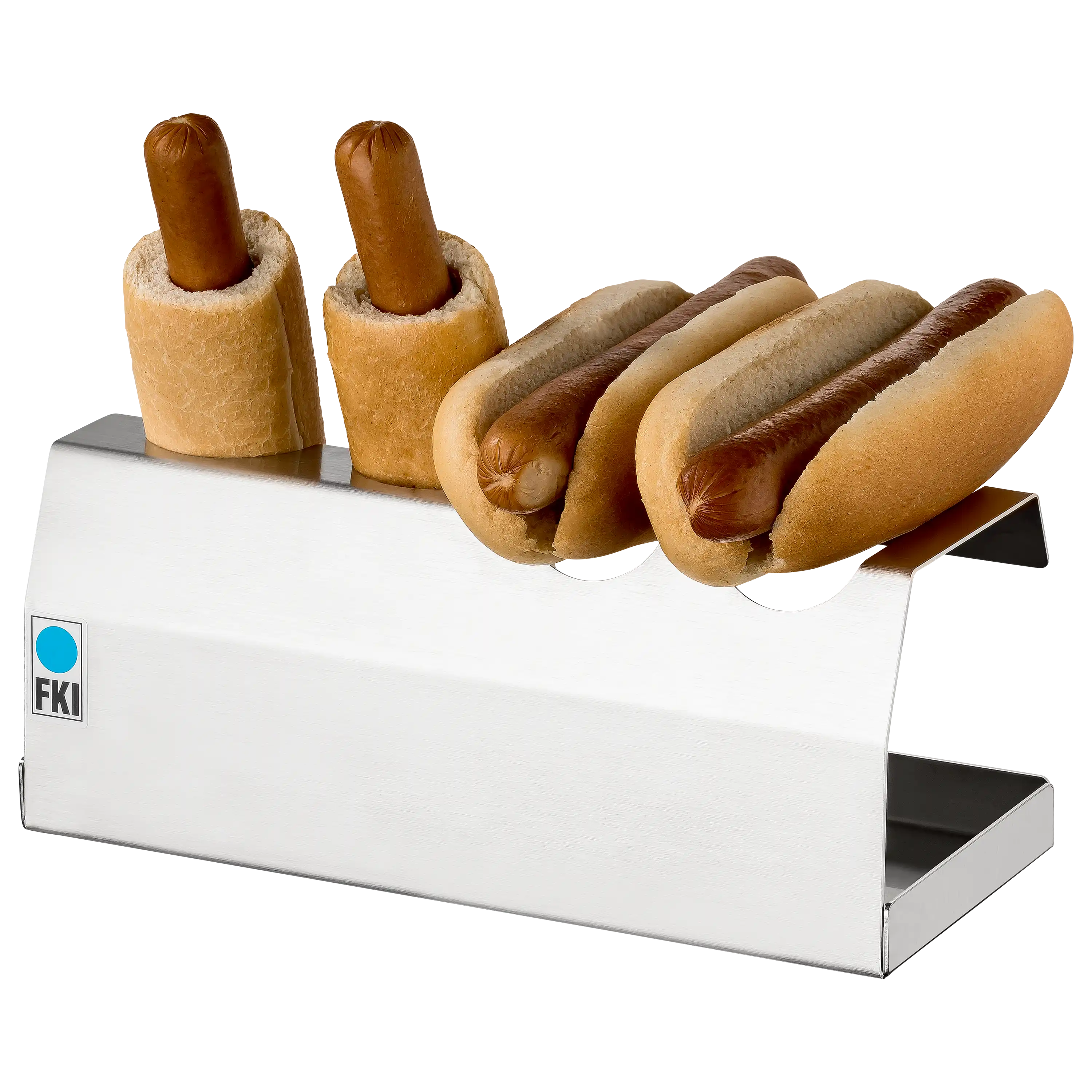 Professionelle Produktfotos von Hotdogs in einem Edelstahlhalter der Marke FKI, erstellt durch PRO-ducto GmbH.