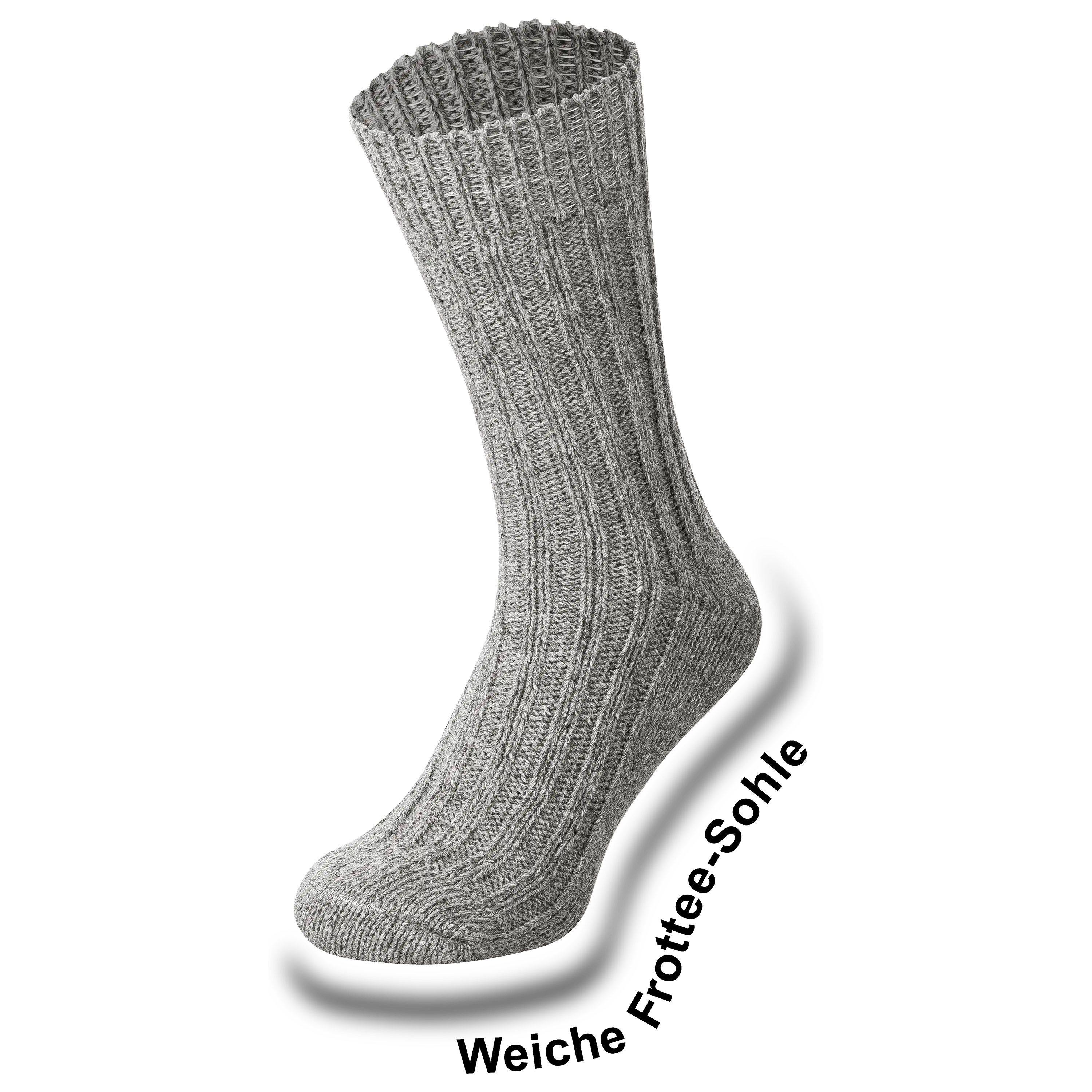 Graue, gerippte Wollsocke für die professionelle Produktfotografie von PRO-ducto GmbH. Ideal, wenn Sie hochwertige Textilfotografie benötigen.