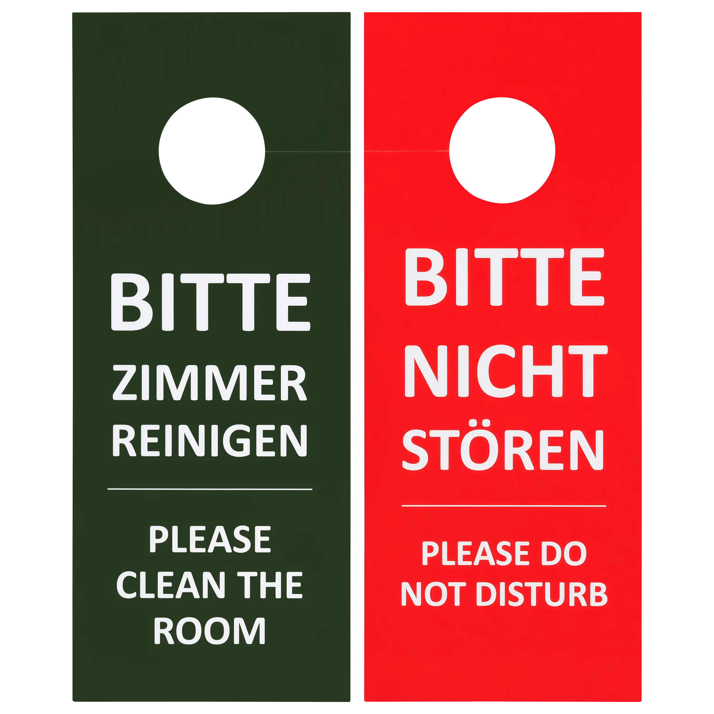 Zwei Hotel-Türanhänger in Grün und Rot mit der Aufschrift Bitte Zimmer reinigen und Bitte nicht stören.