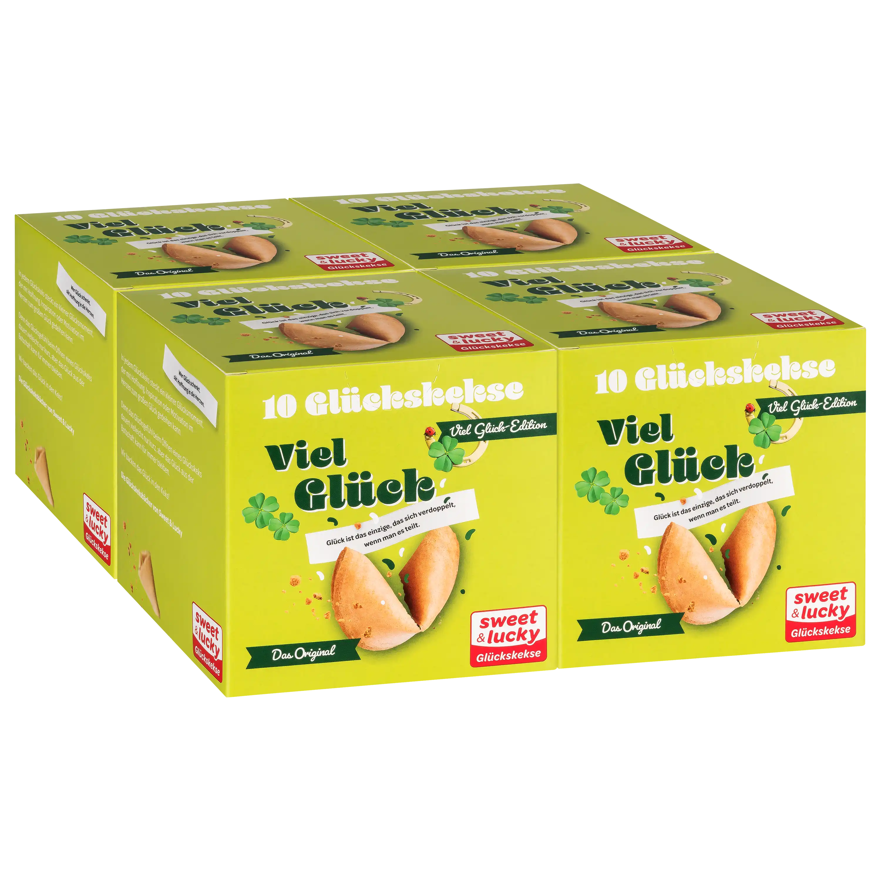 Mehrere gelbe Schachteln mit Glückskeksen der Marke sweet & lucky für professionelle Produktfotos von PRO-ducto.
