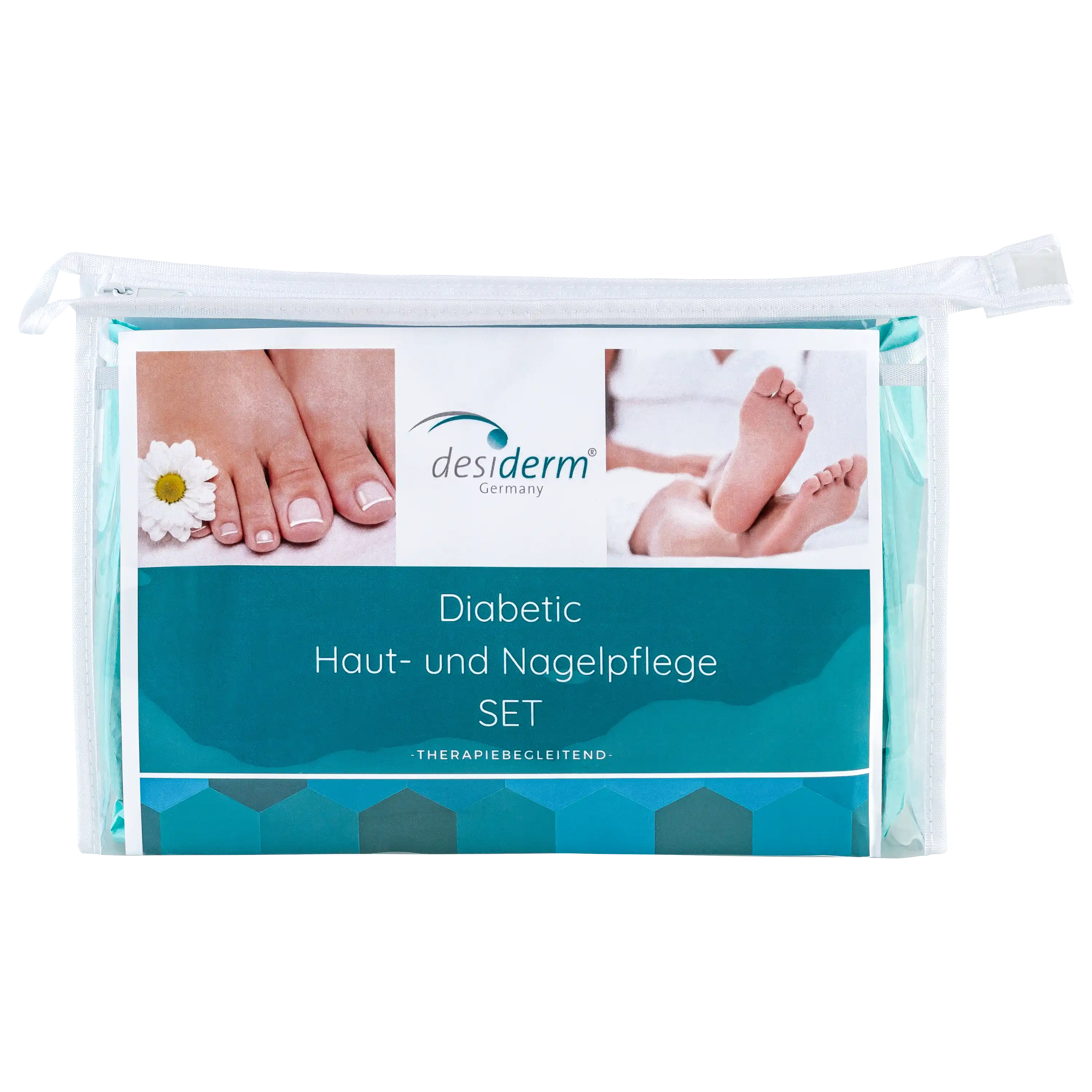 Transparente Kosmetiktasche von PRO-ducto GmbH mit desiderm Haut- und Nagelpflege-Set für Diabetiker auf weißem Grund.