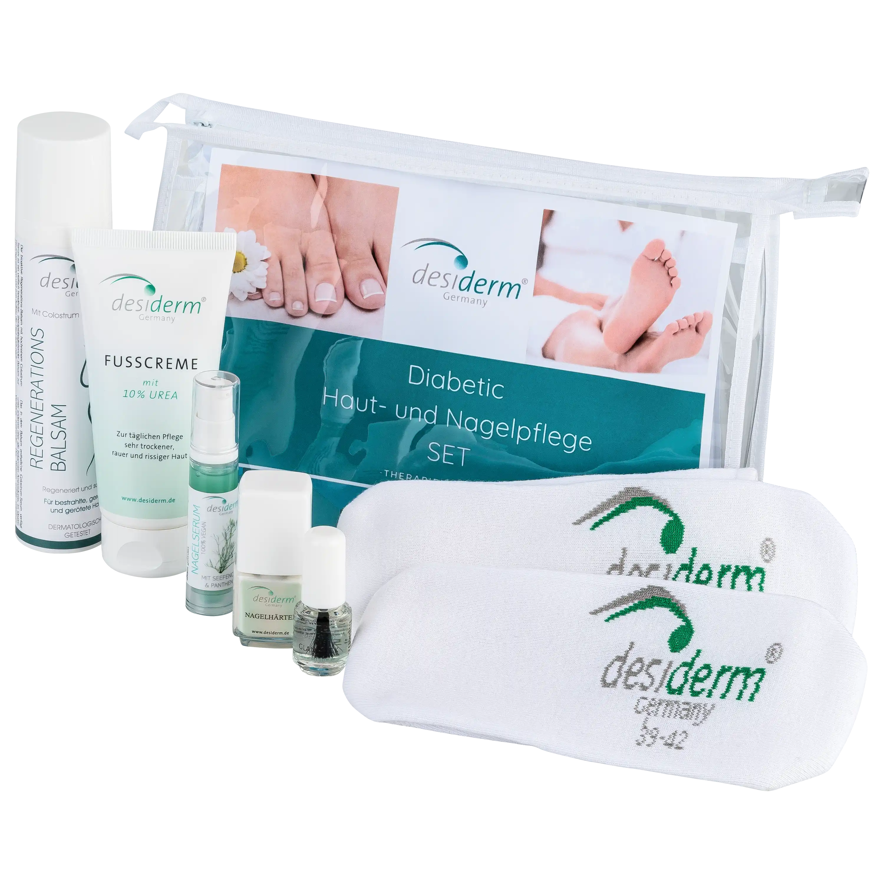 Professionelle Produktfotos von desiderm Haut- und Nagelpflege-Set mit Cremes, Seren und weißen Socken.