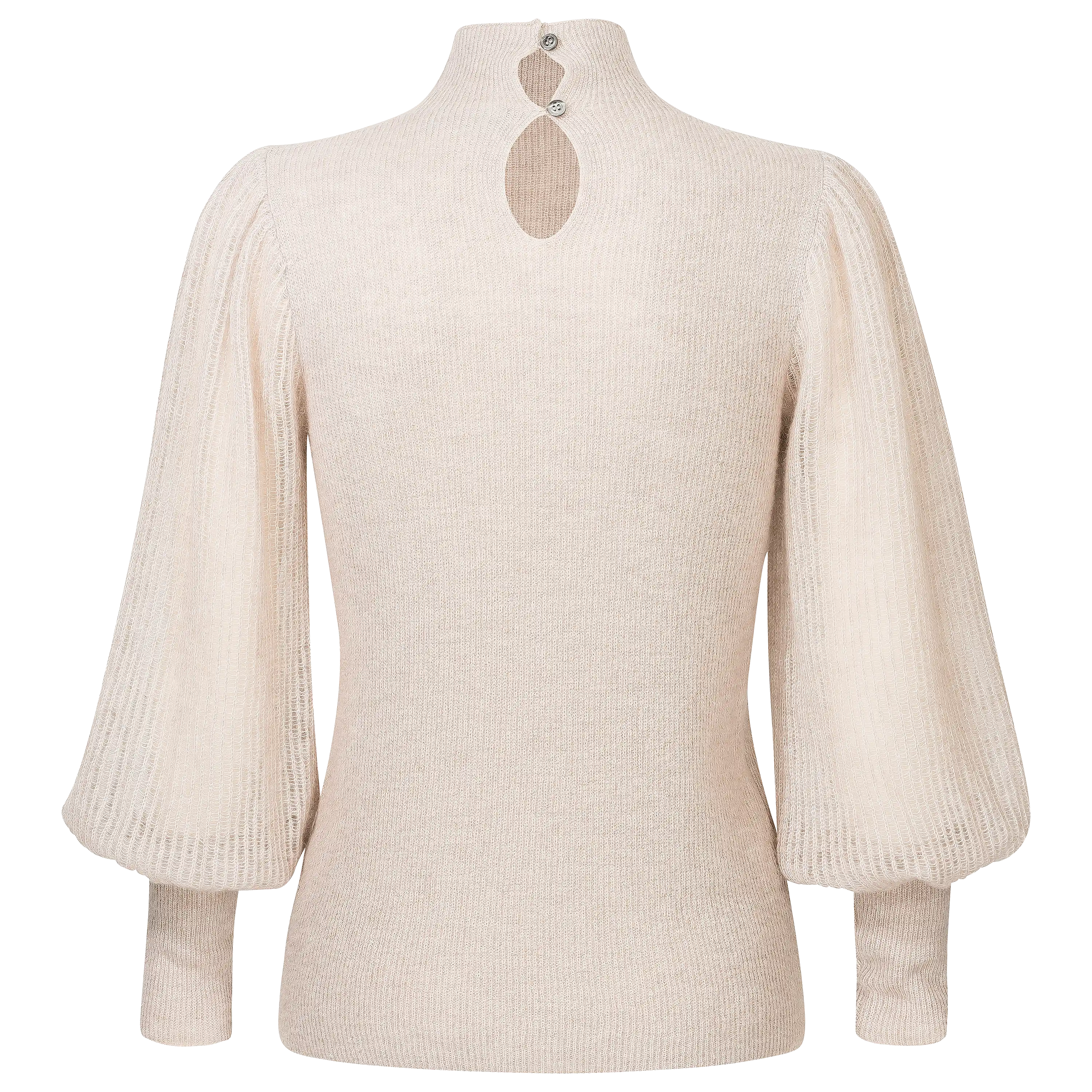 Professionelle Produktfotografie eines beigen Damenpullovers mit Puffärmeln als Freisteller für hochwertige Textilfotografie und Produktbilder. PRO-ducto GmbH