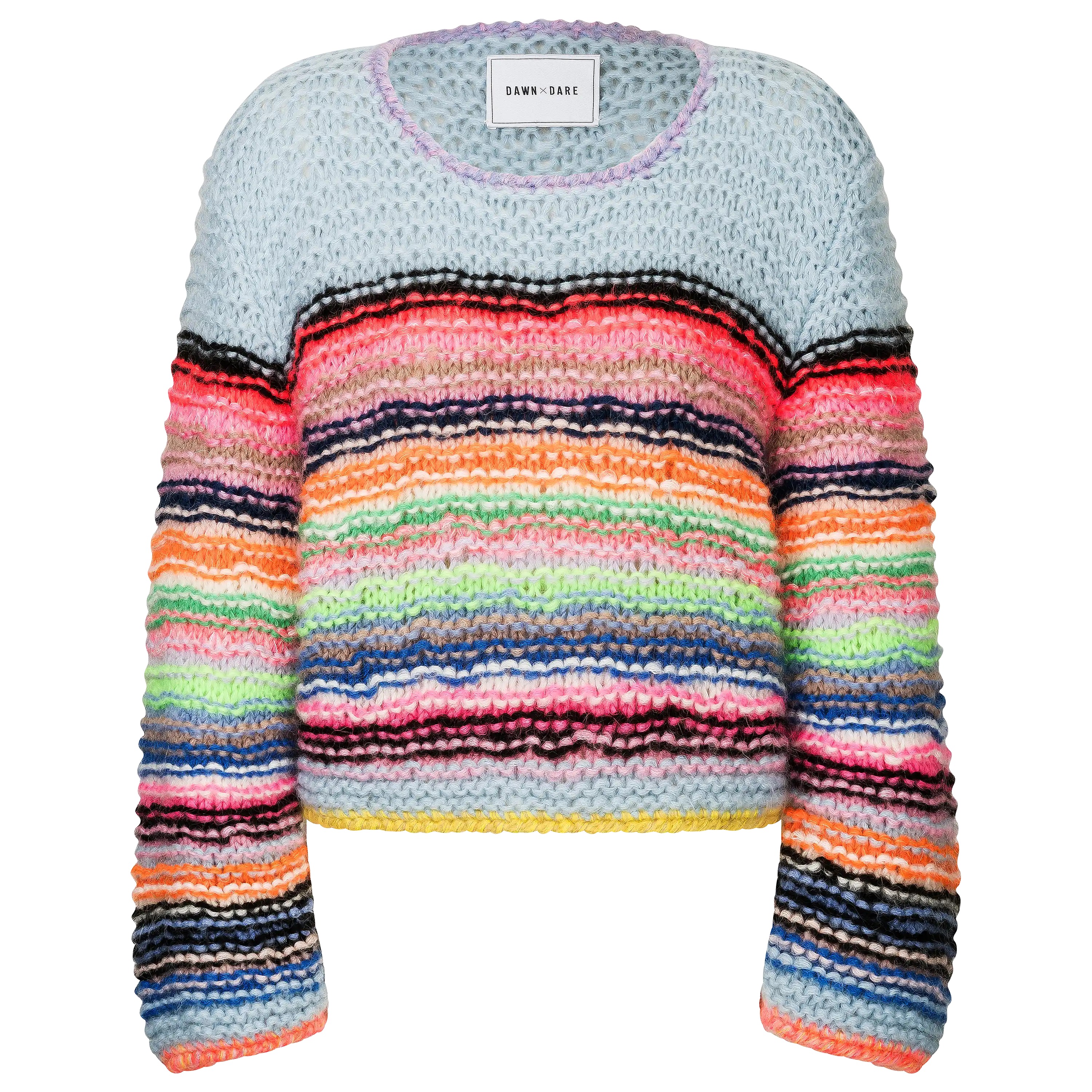 Professionelle Produktfotografie von Dawn x Dare: Ein grob gestrickter, bunt gestreifter Pullover für die Textilfotografie.