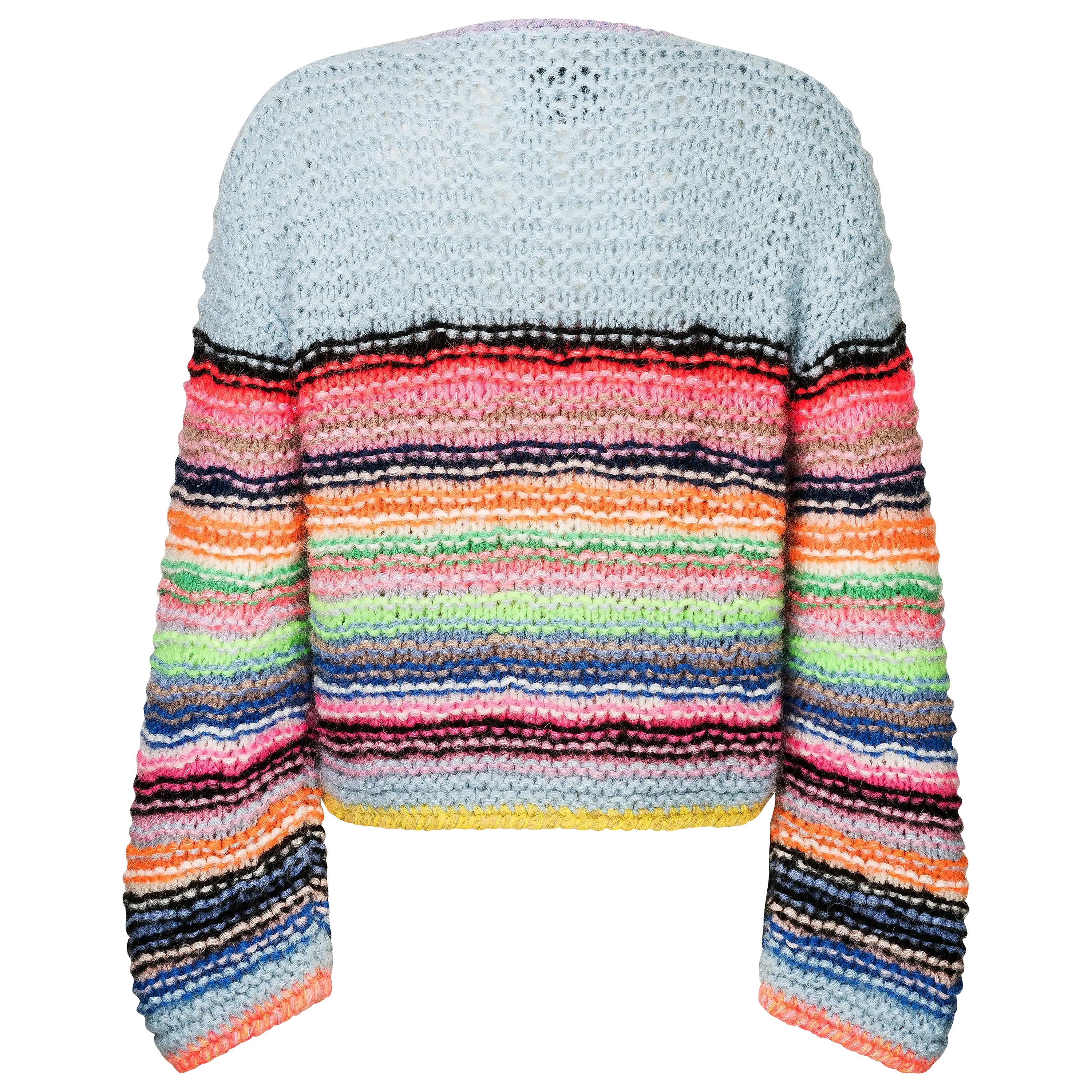Professionelle Produktfotografie eines bunt gestreiften Strickpullovers für die Textilfotografie von PRO-ducto GmbH.