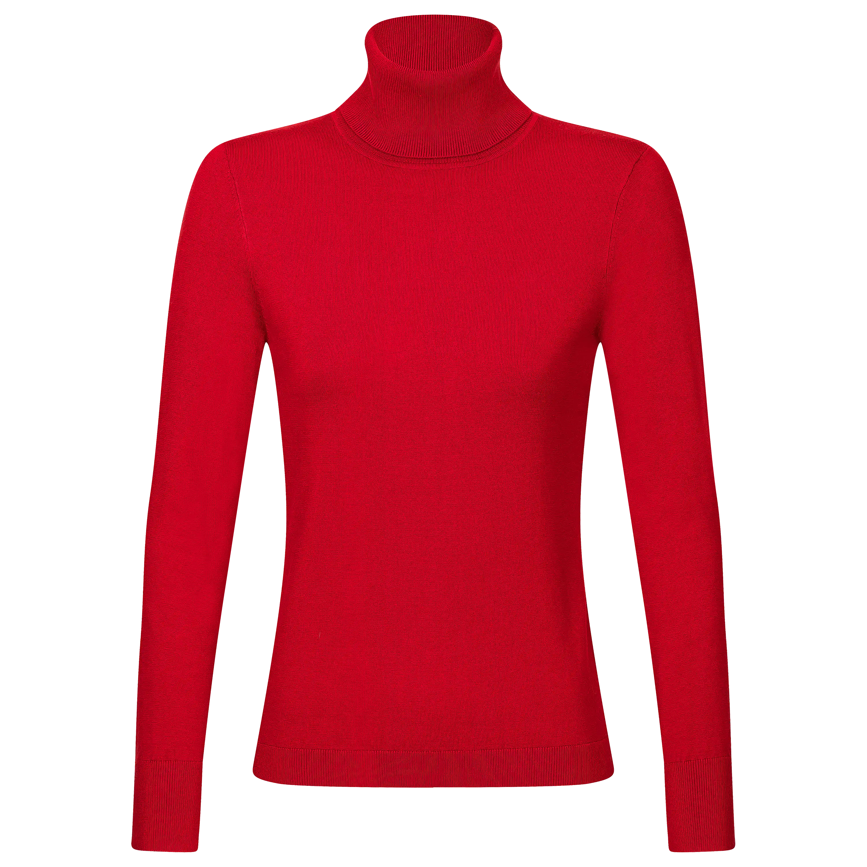 Professionelle Produktfotografie von PRO-ducto GmbH: Roter Damen-Rollkragenpullover für hochwertige Textilfotografie und Bekleidung fotografieren lassen.