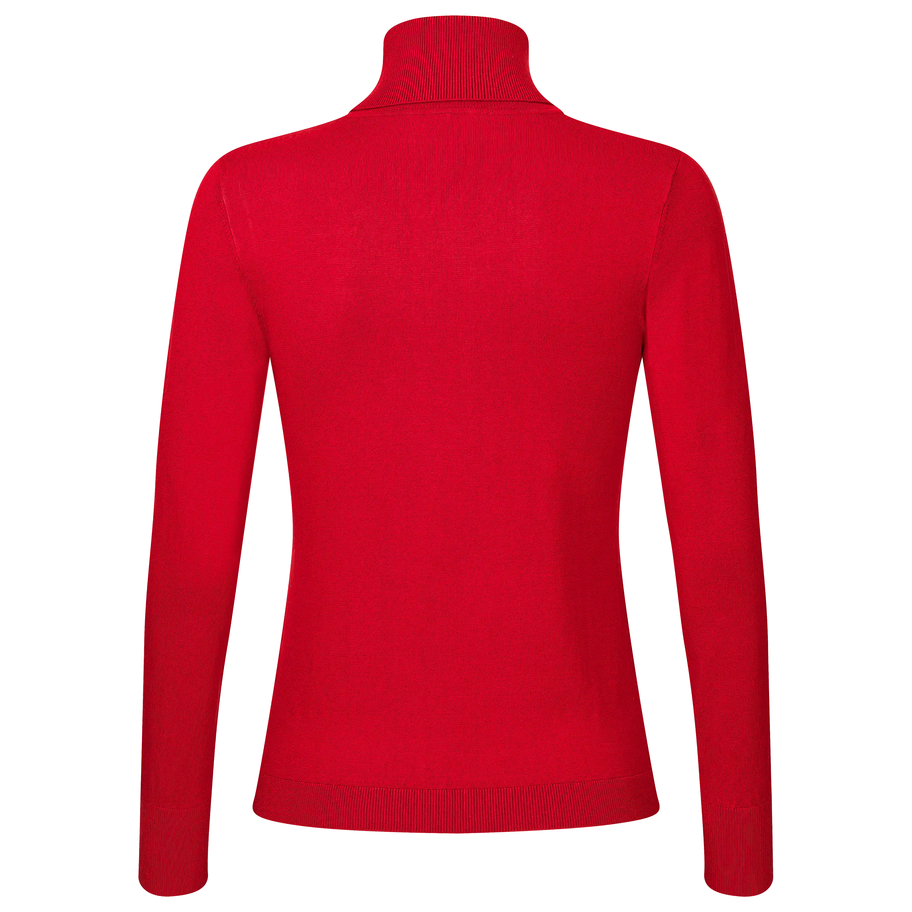 Rückansicht eines roten Rollkragenpullovers für die professionelle Produktfotografie von PRO-ducto GmbH, ideal um Bekleidung fotografieren zu lassen.