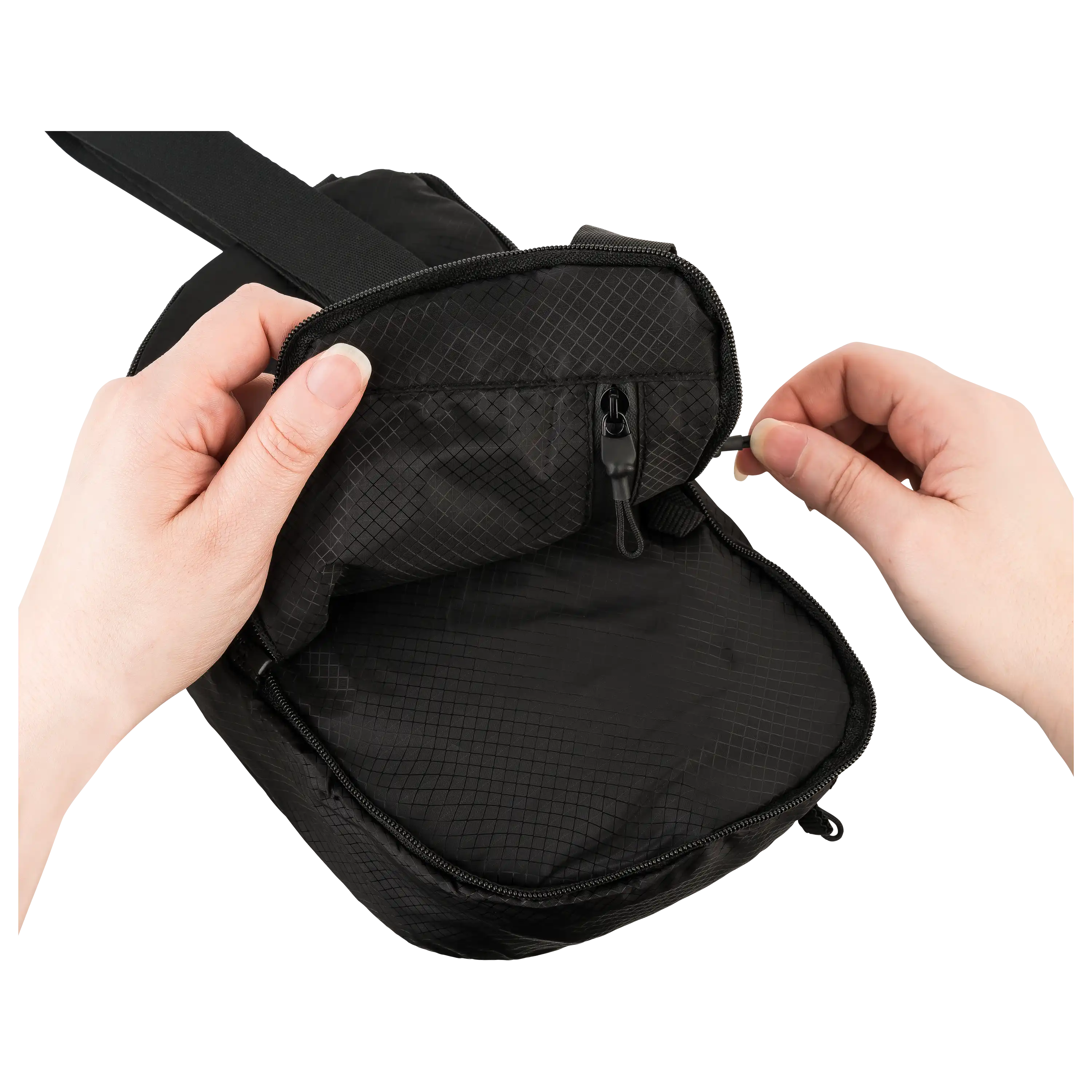 PRO-ducto GmbH Professionelle Produktfotografie als Freisteller: Hände öffnen eine schwarze Tasche. Hochwertige Produktbilder erstellen lassen für mehr Sichtbarkeit. Produktfotografie